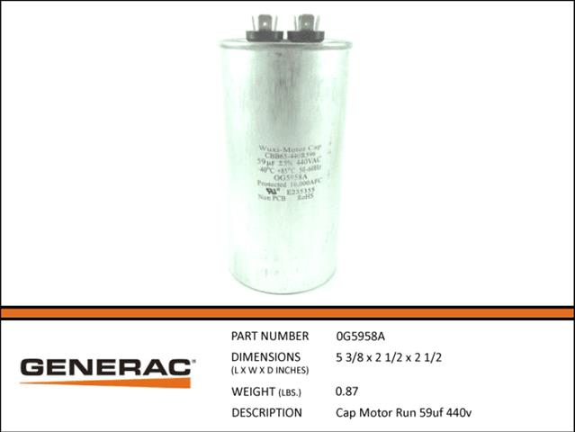 Generac CAP MOTOR RUN 59UF 440V 0G5958A Replacement Capacitor - Compatible with Generac Generators for Home Backup Power & Emergency Use