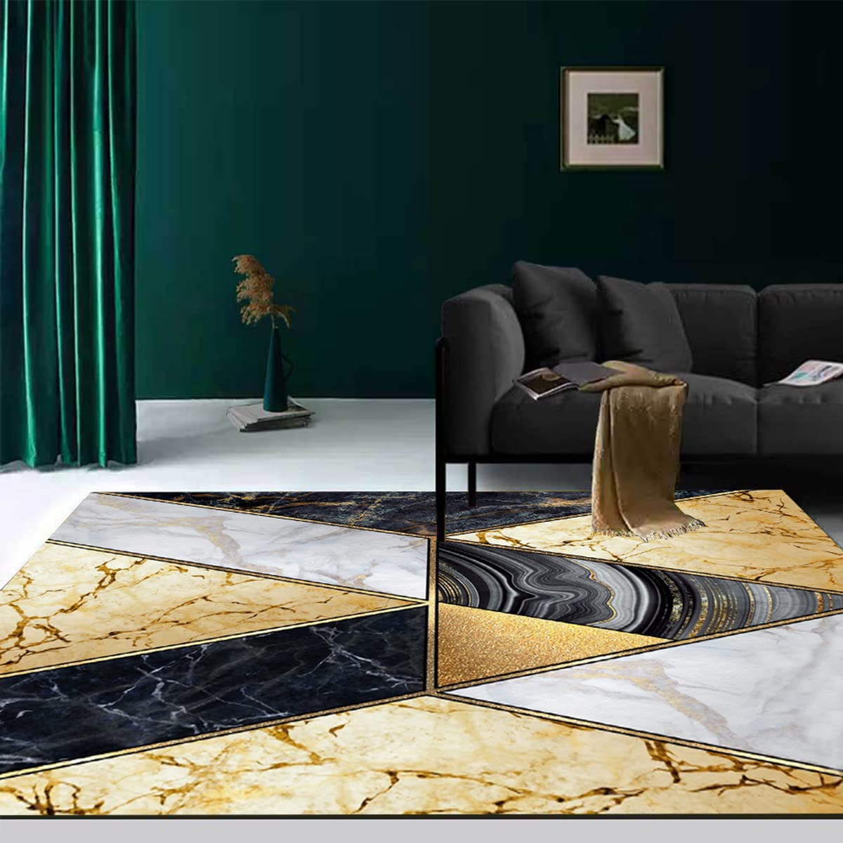 Black Gold Marble Geometric Pattern Modern Area Rug 6x8 ft - Abstract Contemporary Washable Soft Carpet for Living Room, Dining Room, Bedroom & Home Office - Aesthetic Retro Floor Covering Mat for Stylish Interior Decor