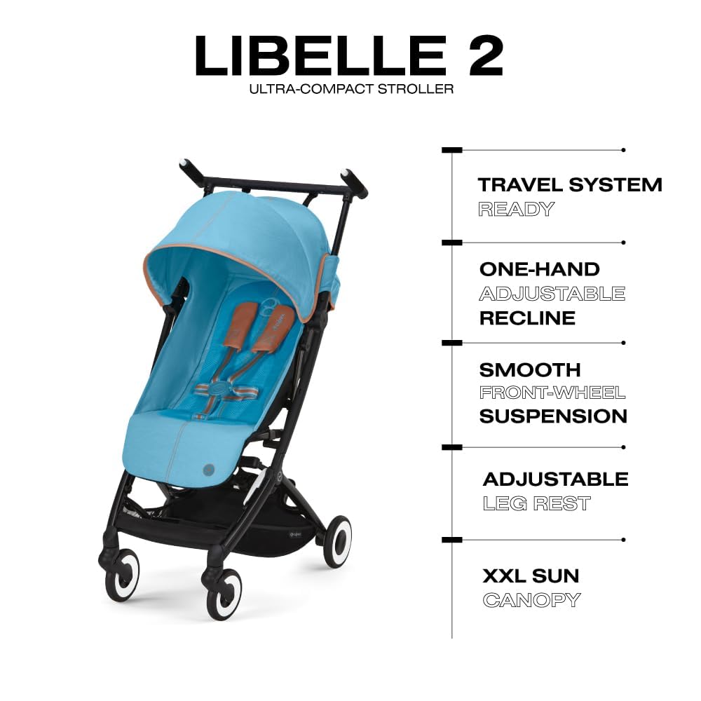 Cybex Libelle Lightweight Compact Travel Stroller for Baby - FAA Carry-On Compliant, One-Hand Fold & Adjustable Recline - Compatible with CYBEX Car Seats (Beach Blue) - Perfect for Air Travel, City Walks & Beach Outings