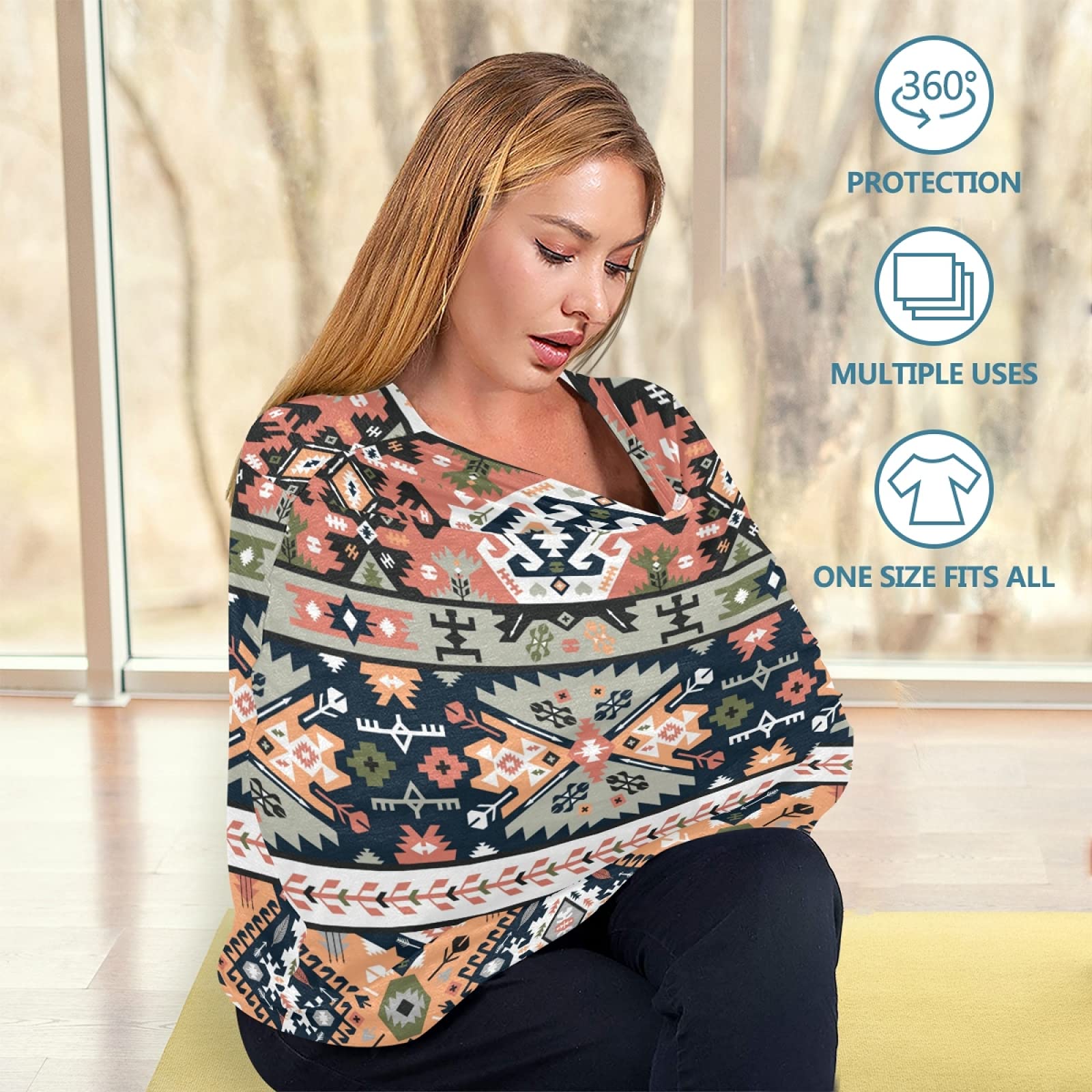 Breastfeeding Cover Scarf - Soft, Breathable Nursing Cover with Tribal Aztec Geometric Print - Baby Car Seat Canopy & Stroller Cover for Boys & Girls - Perfect for Nursing, Shopping, and Outdoor Activities