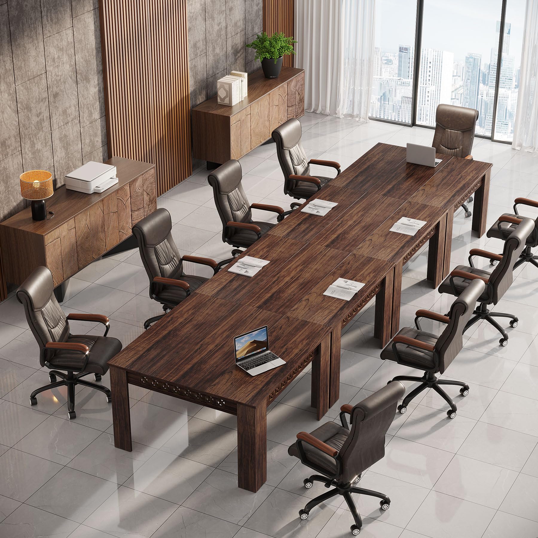 Tribesigns 43-Inch Square Conference Table for 4 People - Solid Wood Meeting Room Table for Office, Boardroom, Seminar - Rustic Brown Finish with Heavy Duty Metal Legs - Perfect for Small Business Meetings, Team Collaboration & Home Office Workspace