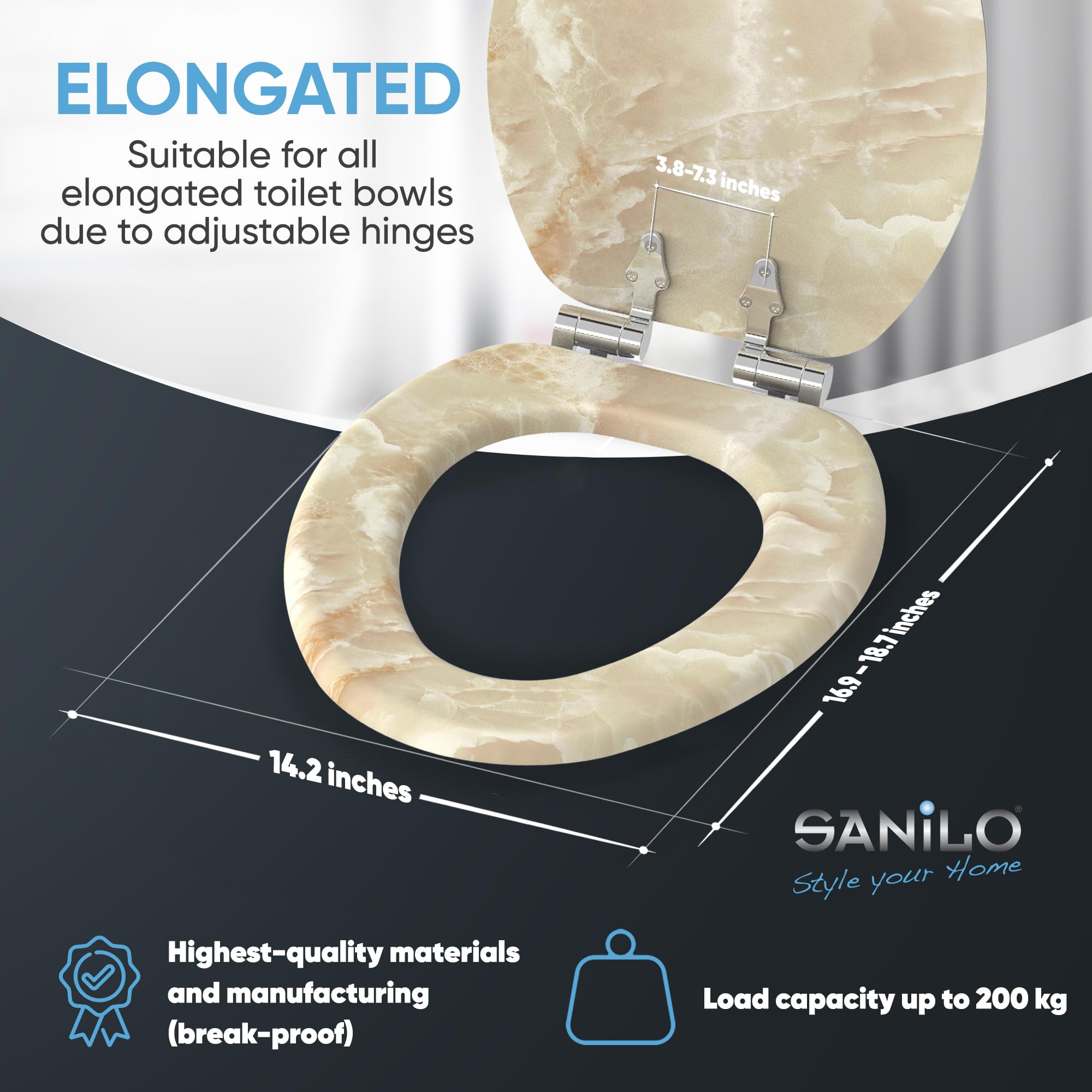 Sanilo Soft Close Elongated Toilet Seat - Quiet Slow Close Lid & Seat with Strong Bumpers & Hinges - Durable Marble Design for Bathroom Upgrade - Perfect for Home, Hotel & Commercial Use