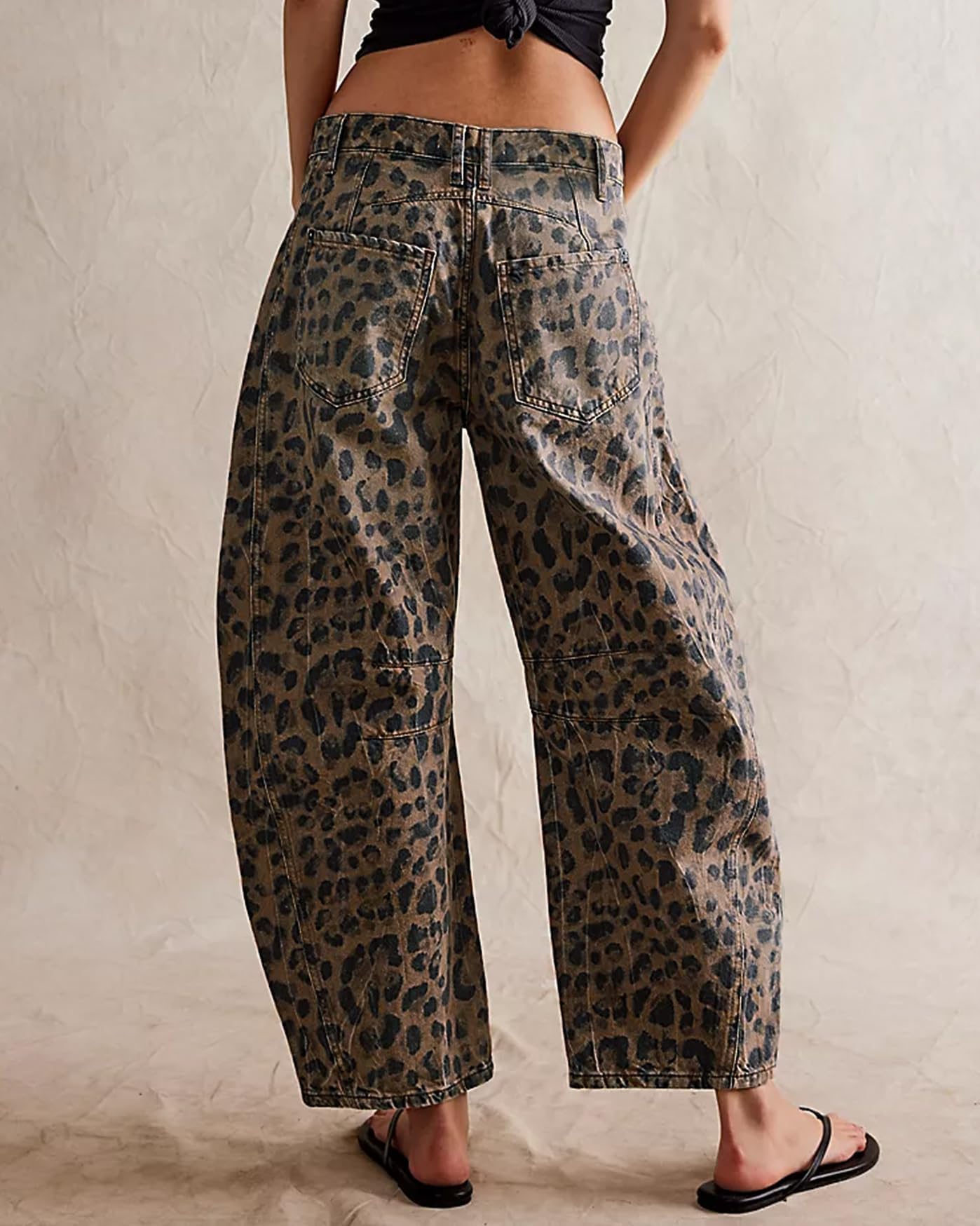 Women's Leopard Print Barrel Jeans - Casual Wide Leg Baggy Pants Y2K Boyfriend Style Mid Rise Denim Ankle Pants | Perfect for Streetwear, Retro Outfits & Everyday Fashion