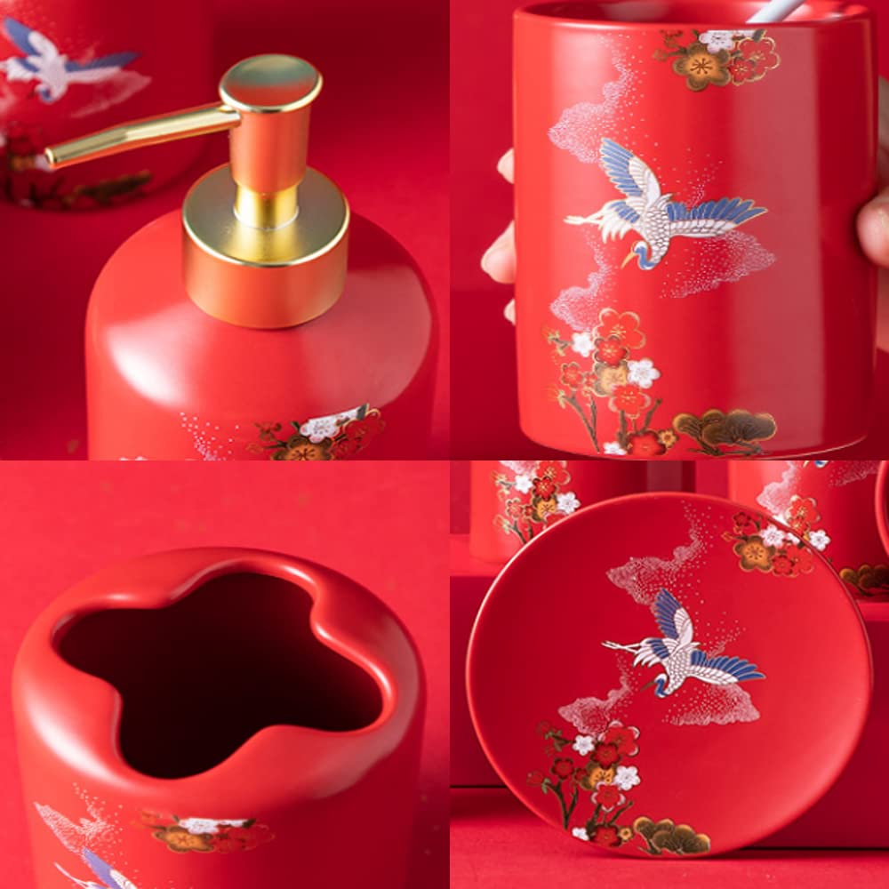 Elegant Red Ceramic Bathroom Set - Soap Dispenser, Pump Bottle, Soap Rack, Toothbrush Holder & Cup | Modern Countertop Decor for Sink Organization | Perfect Apartment Gift, Bathroom Storage Solution for Home & Hotel Use