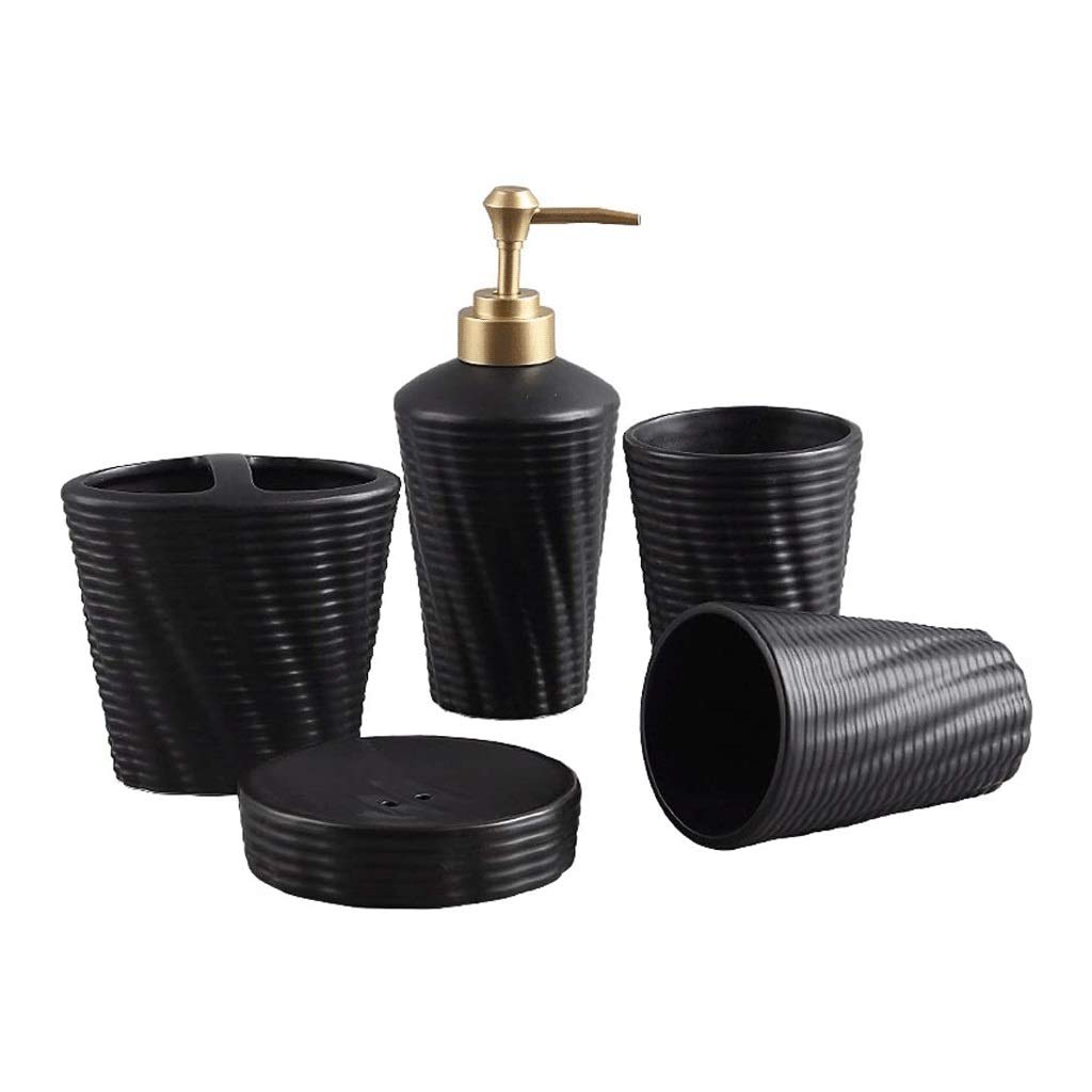 Premium 5-Piece Ceramic Bathroom Accessory Set - Hand Soap Dispenser, Soap Dish, Tumbler & Toothbrush Holder - Elegant Striped Design for Home, Office & Luxury Hotels | Perfect for Guest Bathrooms, Spa Retreats & Upscale Resorts