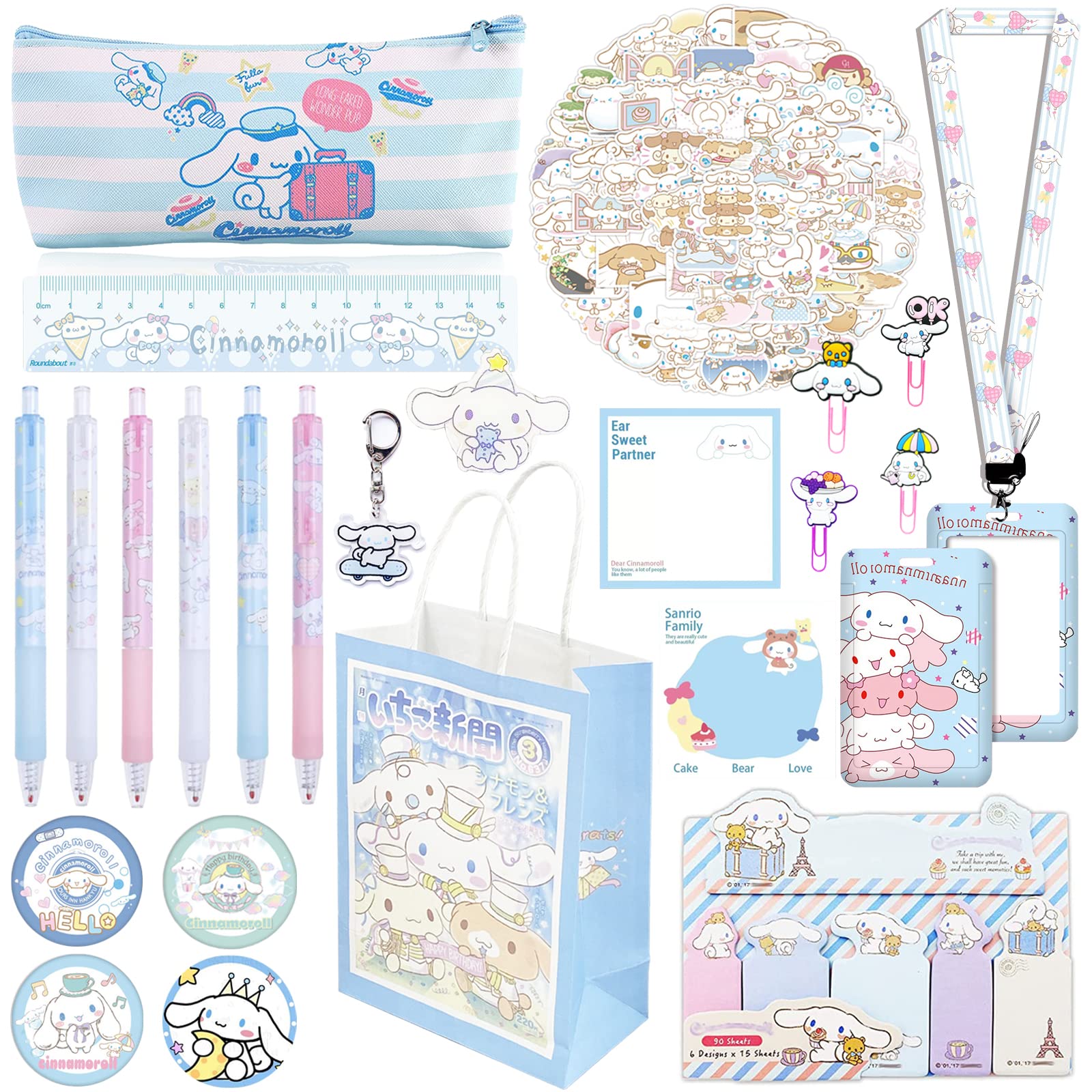 Sanrio Cinnamoroll Anime School & Office Supplies Set - Pencil Case, Pens, Stickers, Badge Pins, Keychain, Lanyard with ID Holder, Ruler, Sticky Notes, Phone Stand & Gift Bag (Blue) - Perfect for Students, Anime Fans & Kawaii Lovers