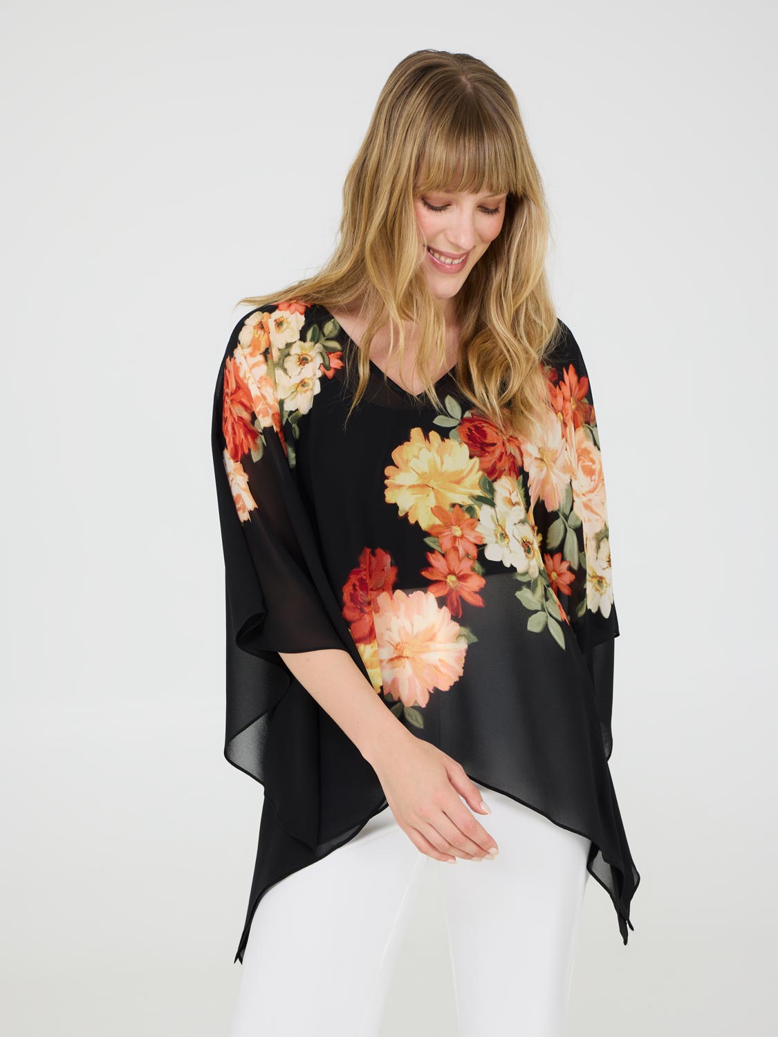 Floral V-Neck Poncho Blouse for Women - Boho Chic Tunic Top - Perfect for Casual Outings, Beach Cover-Ups & Layering