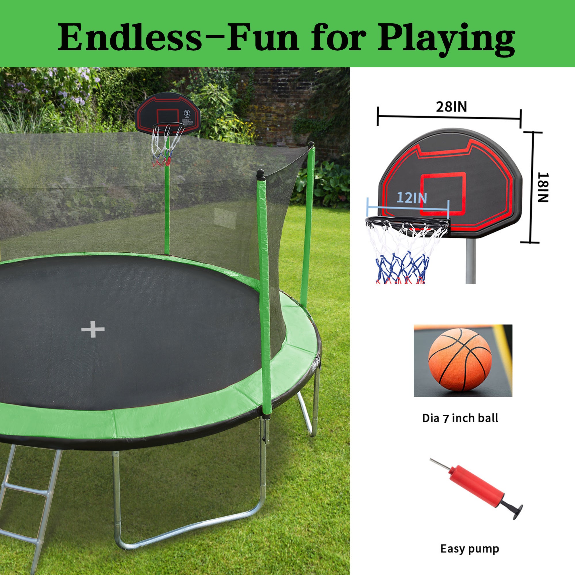 15FT Trampoline with Basketball Hoop, Air Pump & Ladder - Green Outdoor Bounce Set with Safety Enclosure for Backyard Fun & Exercise