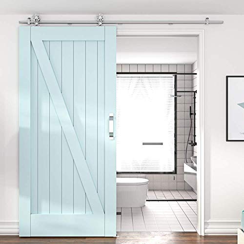 8FT Stainless Steel Sliding Barn Door Hardware Kit - Heavy Duty, Anti-Rust, Smooth & Quiet Operation for 42-48 Inch Wide Wooden Single Doors - Modern Farmhouse Style for Bedroom, Closet, or Living Room