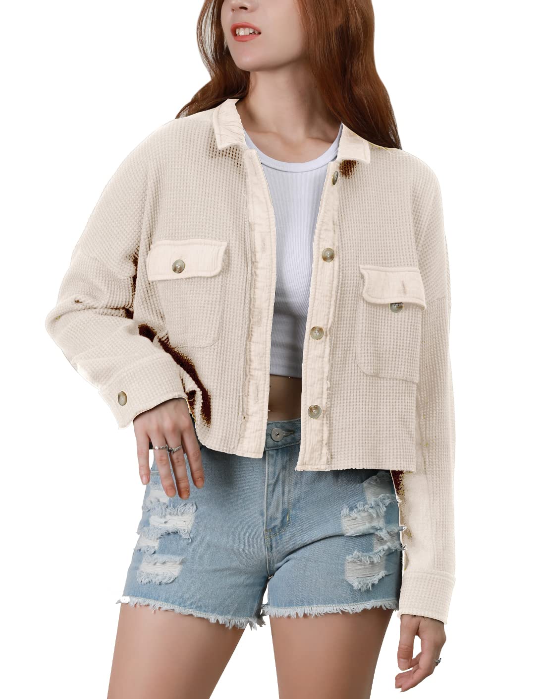 Women's Fall Cropped Waffle Knit Shacket Jacket - Button Down Shirt Tops for Casual Outfits & Layering | Cozy Autumn Fashion for Work, Dates & Weekend Outings
