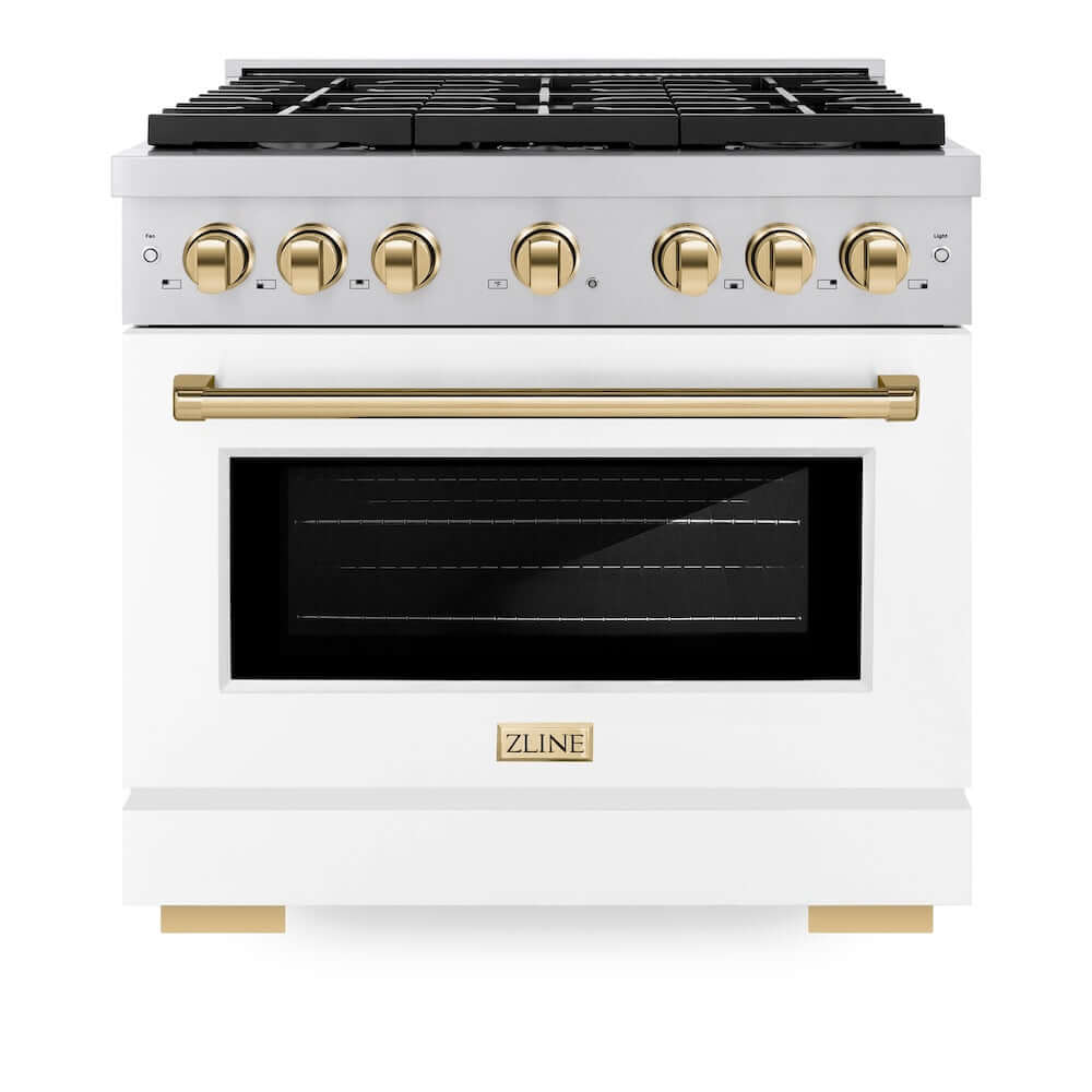 ZLINE Autograph Edition 36-inch 5.2 cu. ft. Stainless Steel Gas Range with 6 Burner Cooktop, Convection Oven, White Matte Door & Gold Accents - Perfect for Modern Kitchens & Professional Chefs (SGRZ WM 36 G)