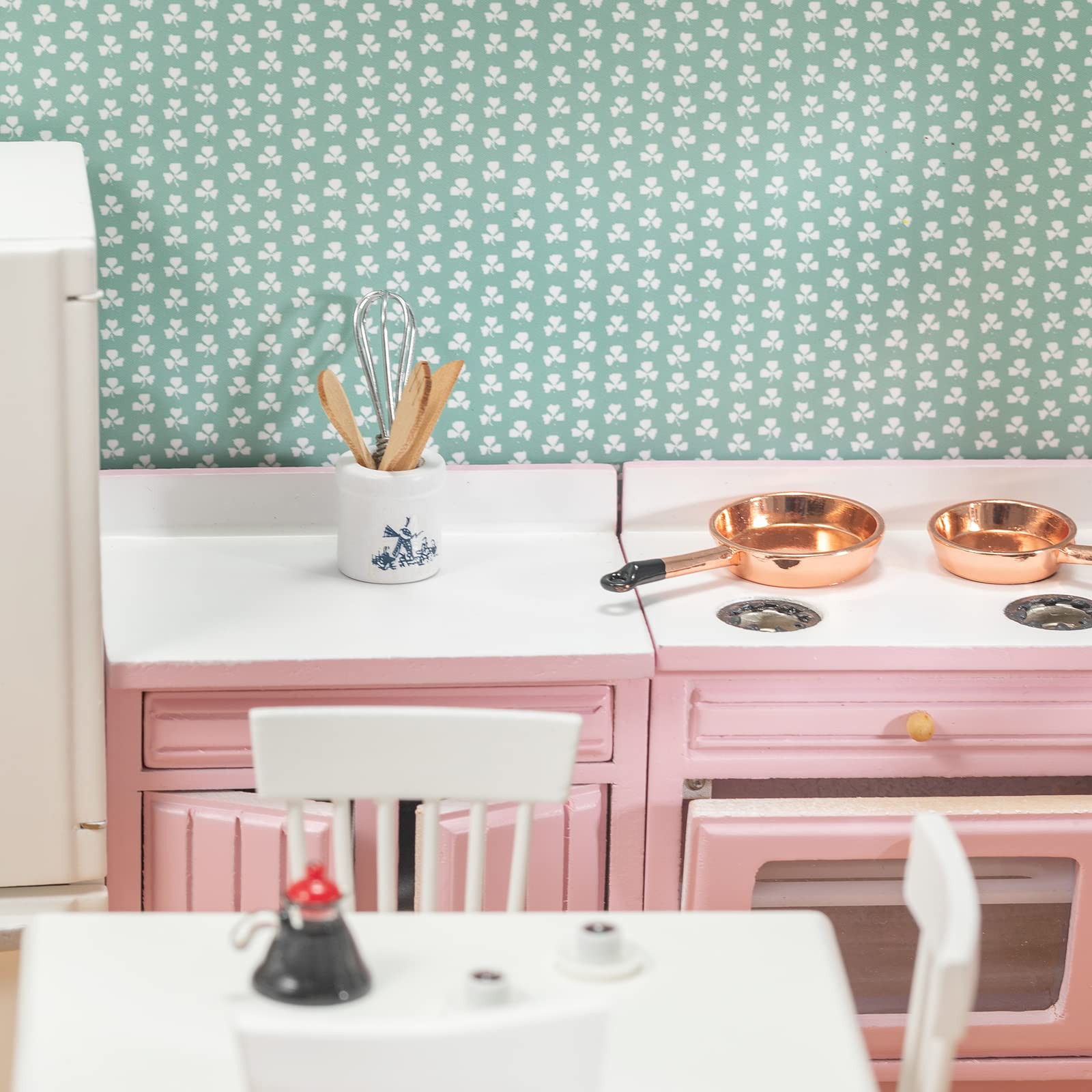 1:12 Scale Pink Wooden Dollhouse Furniture Set - Miniature Kitchen Cabinets, Dining Table, Refrigerator & Accessories for Doll House Toys | Perfect for Kids' Pretend Play, Room Decor & Collectors