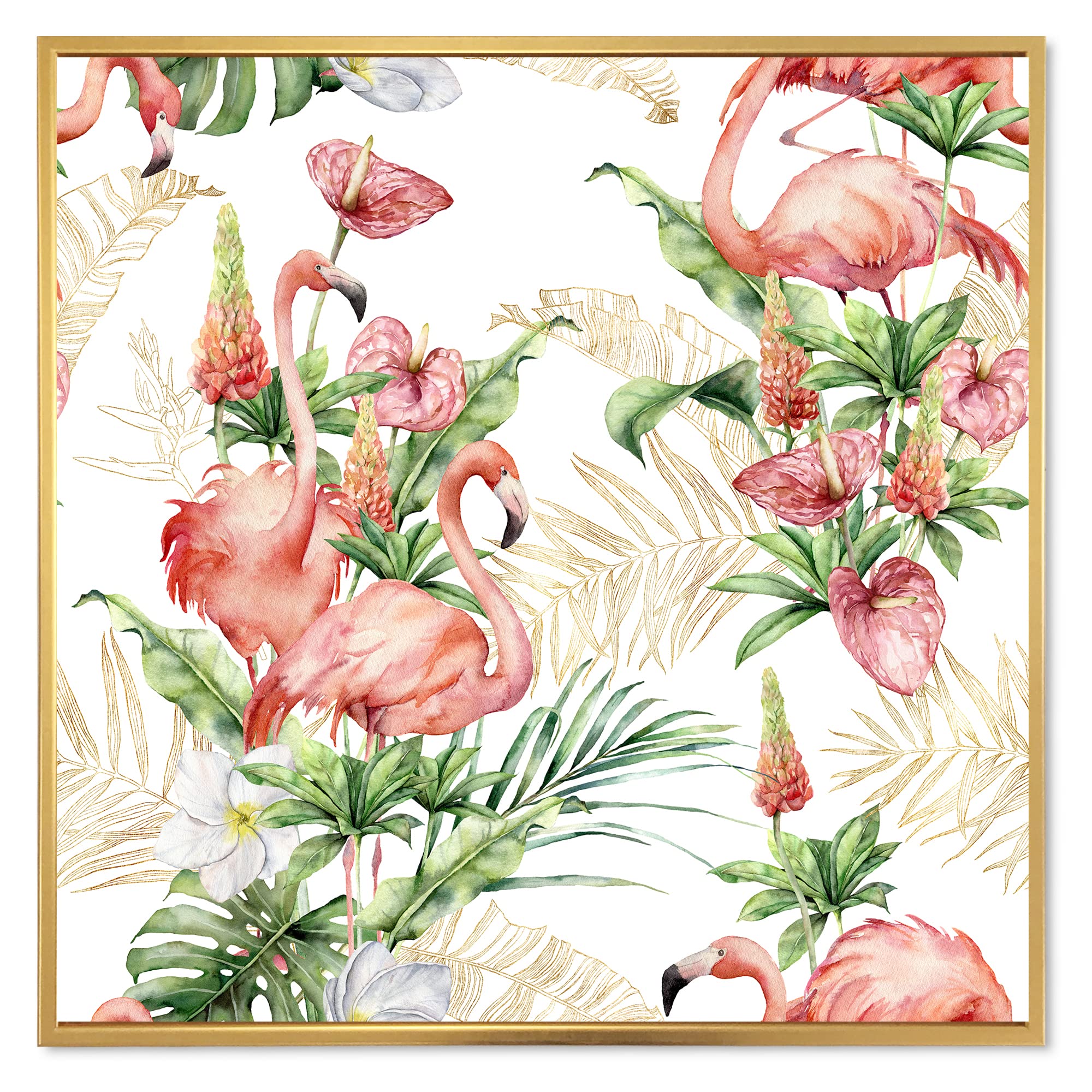 DesignQ Pink Flamingos With Tropical Flowers & Gold Leaves - Traditional Framed Canvas Wall Art Print - Perfect for Living Room, Bedroom & Beach House Decor