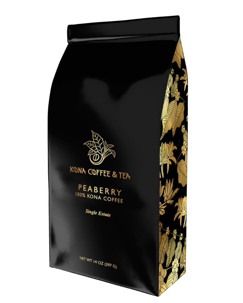 Premium Peaberry 100% Kona Coffee Beans - Medium Dark Roast - 14oz Whole Bean Coffee Bag - Perfect for Home Brewing, Office & Gifts