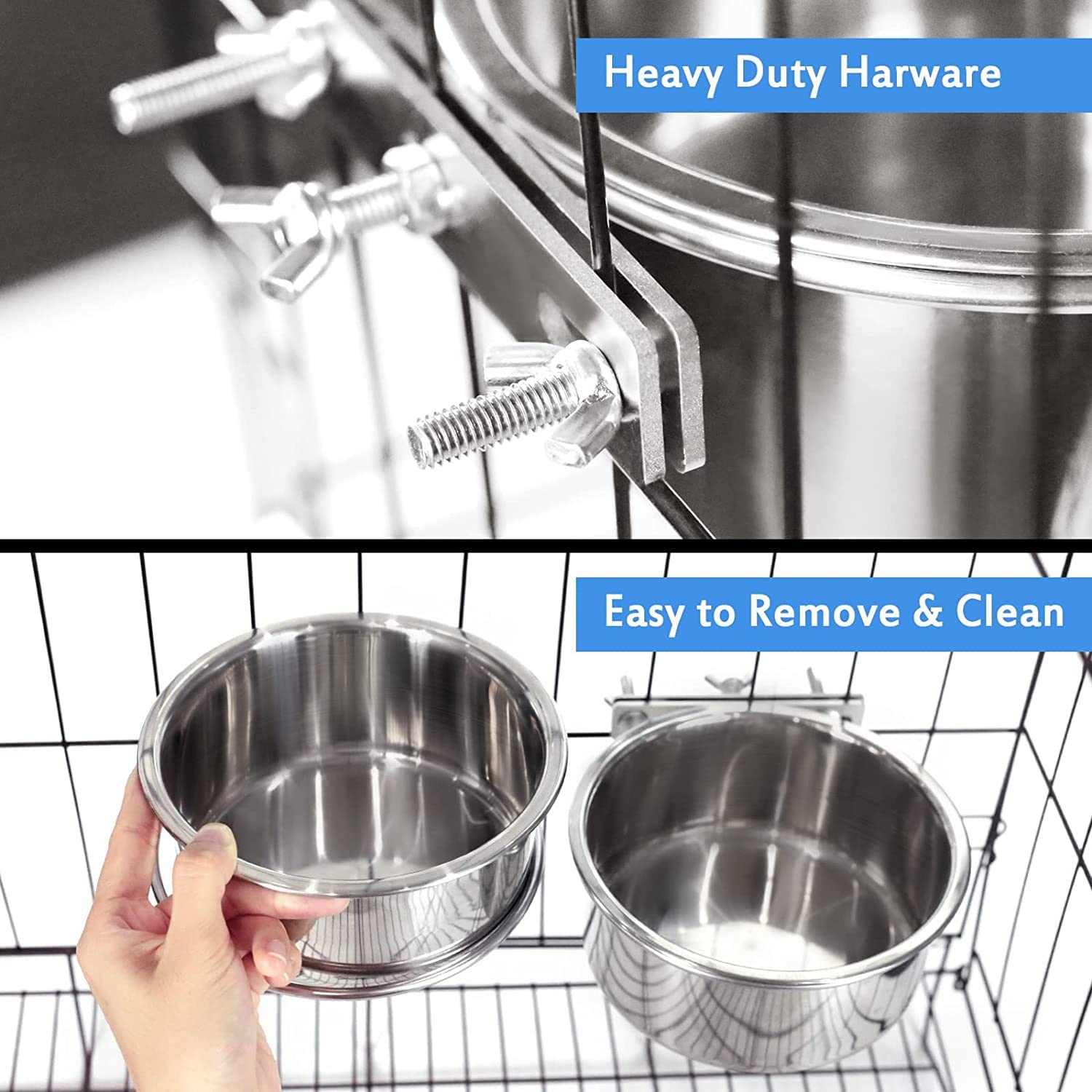 Stainless Steel Hanging Pet Bowl Set - 2 Pack Quick Lock Food & Water Bowls for Dogs, Cats, Birds, Guinea Pigs, Rabbits & Chicken Coops (14-16cm) - Perfect for Kennels, Cages & Crates - Durable & Easy-Clean Silver Pet Dishes
