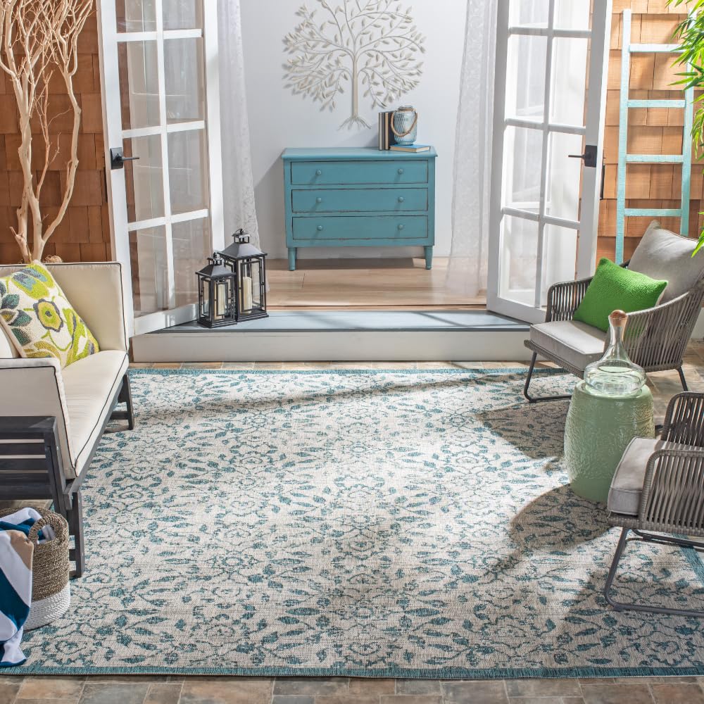 SAFAVIEH Courtyard Collection 9' x 12' Grey/Blue Indoor Outdoor Waterproof Rug - Easy to Clean, Stain Resistant for Patio, Backyard, Mudroom, Deck & Poolside Use