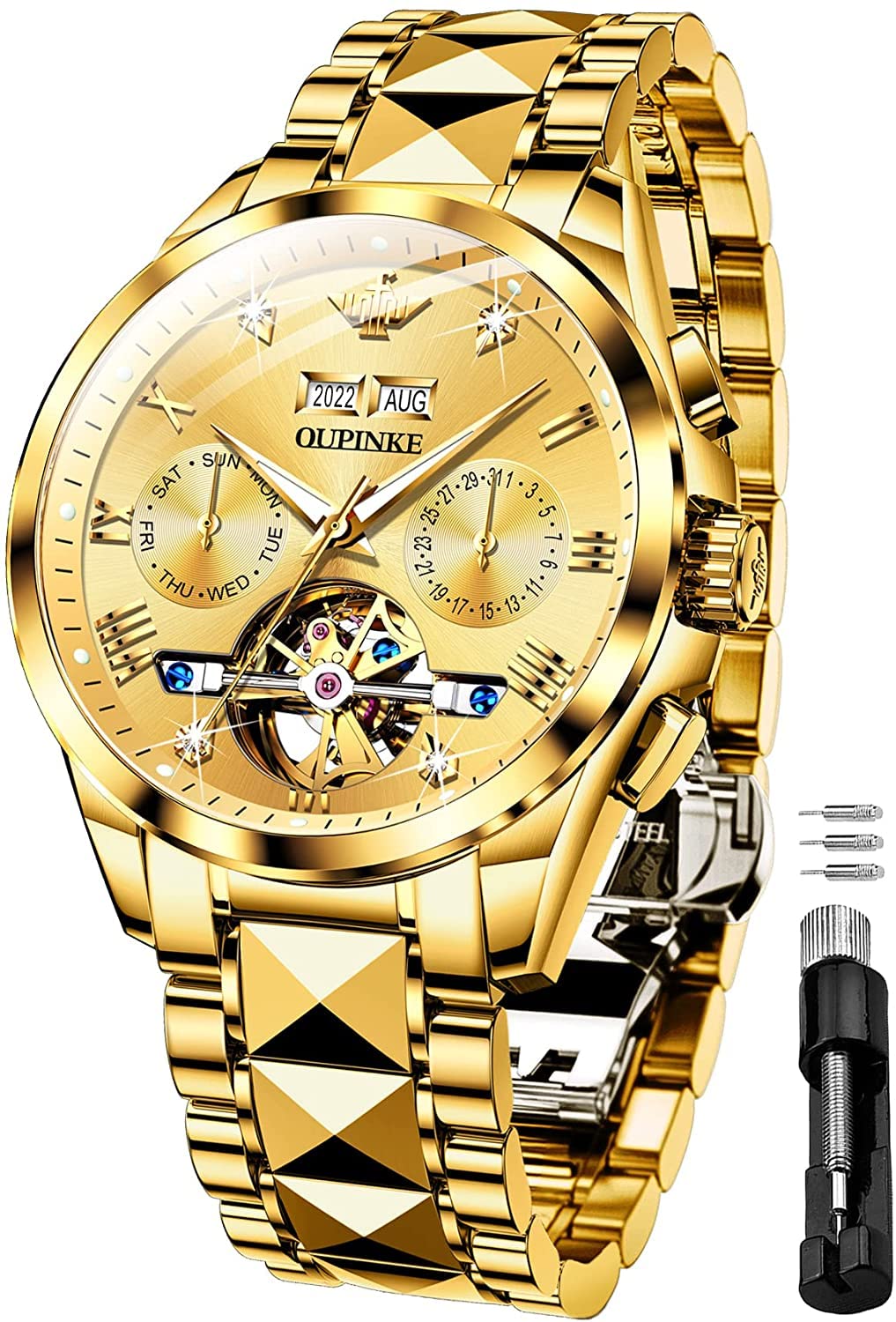 OUPINKE Automatic Skeleton Self-Winding Dress Watch for Men - Waterproof Business Wristwatch with Luminous Tungsten Steel Case - Perfect for Formal Events, Office Wear & Special Occasions