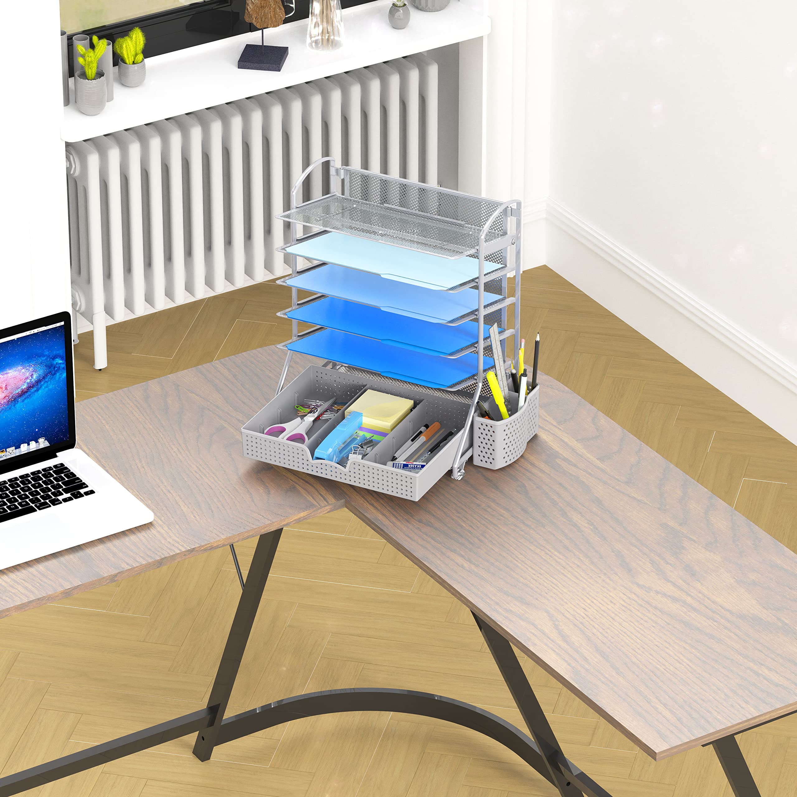 Simple Houseware 6-Tier Desk Organizer with Sliding Drawer - Silver Metal File Tray for Office Documents, Mail & Supplies | Perfect for Home Office, School & Workplace Organization