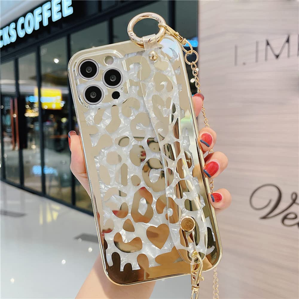 Sparkly Golden Leopard Print iPhone 12 Case for Women & Girls - Glitter Cheetah Design with Wrist Strap & Metal Chain - Trendy Protective Phone Cover for School, Work, and Everyday Use