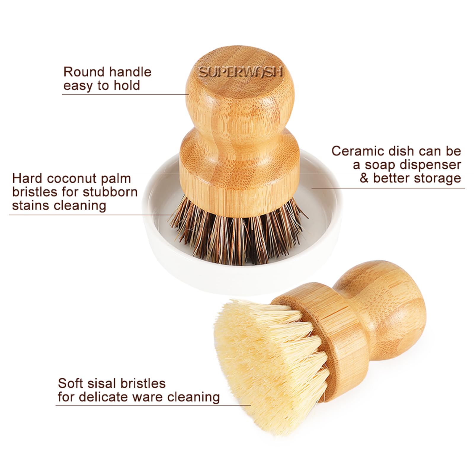 Natural Bamboo Scrub Brush Set - 4 Pack Eco-Friendly Dish Brush with Ceramic Holder for Pots, Pans & Vegetables | Gentle Cleaning for Kitchen Sink, Countertops & Cookware | Perfect for Daily Dishwashing & Organic Food Prep
