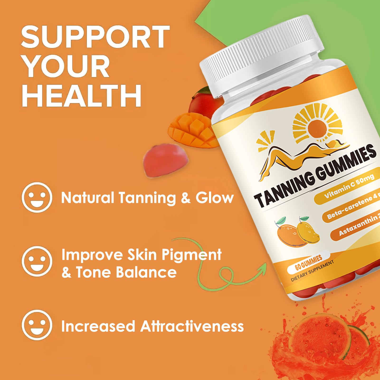 Super Tanning Gummies with Astaxanthin, Vitamin C & Turmeric - Natural Skin Glow Supplement for Healthy Tan (60 Count) | Sunless Tanning Boost for Beach & Summer Vacation Prep
