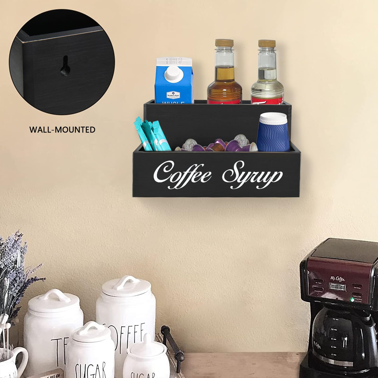 2-Tier Wooden Coffee Bar Organizer with 6 Syrup Bottles - Countertop Coffee Station Accessories for Espresso, Latte & Cappuccino - Farmhouse-Style Condiment Rack for Coffee Lovers (Perfect for Home Kitchens & Coffee Shops)