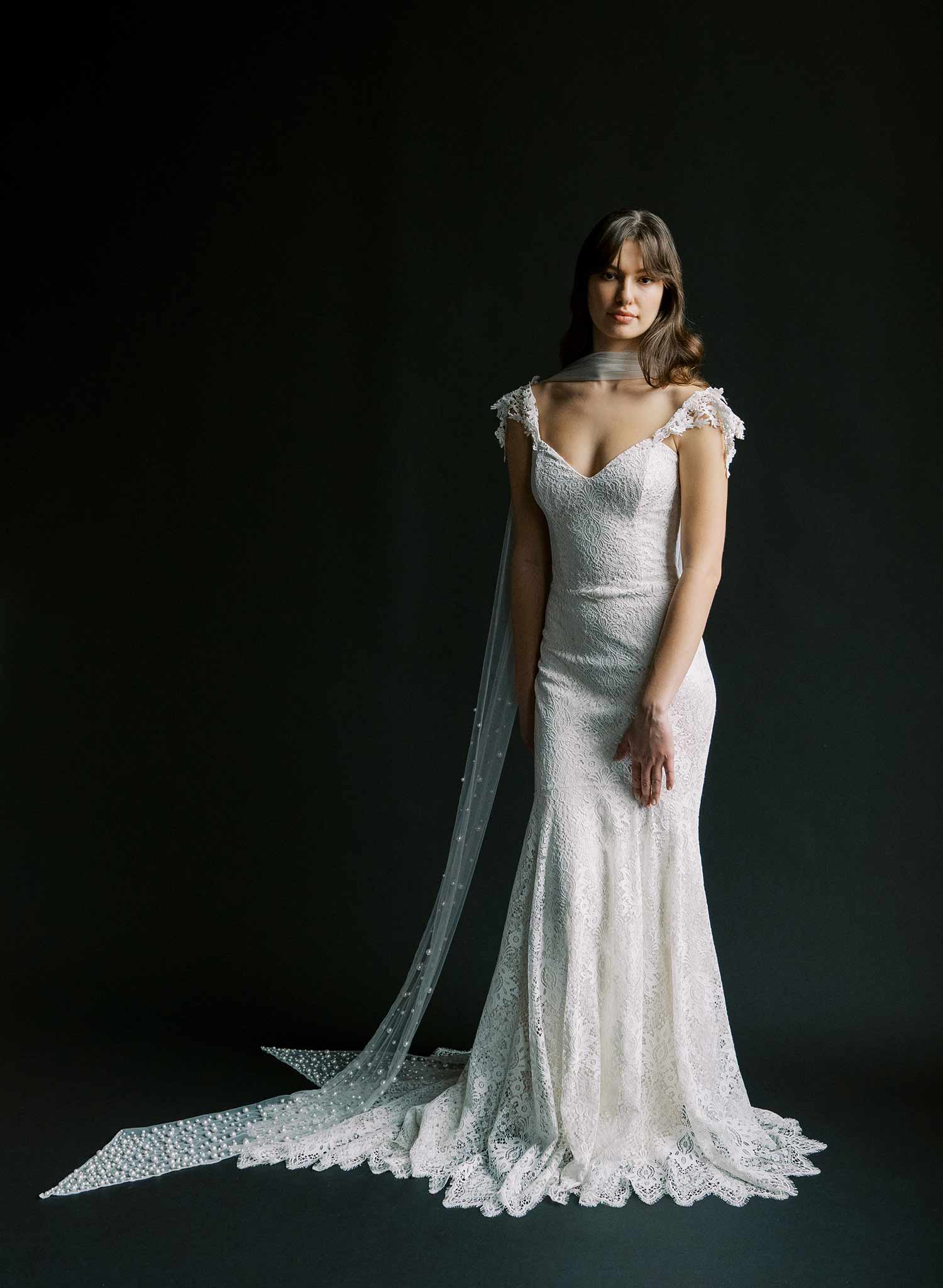 Elegant Mixed Pearl Embroidered Wedding Veil - Chapel Length Bridal Scarf (Style #2577) | Perfect for Church Ceremonies & Romantic Photoshoots