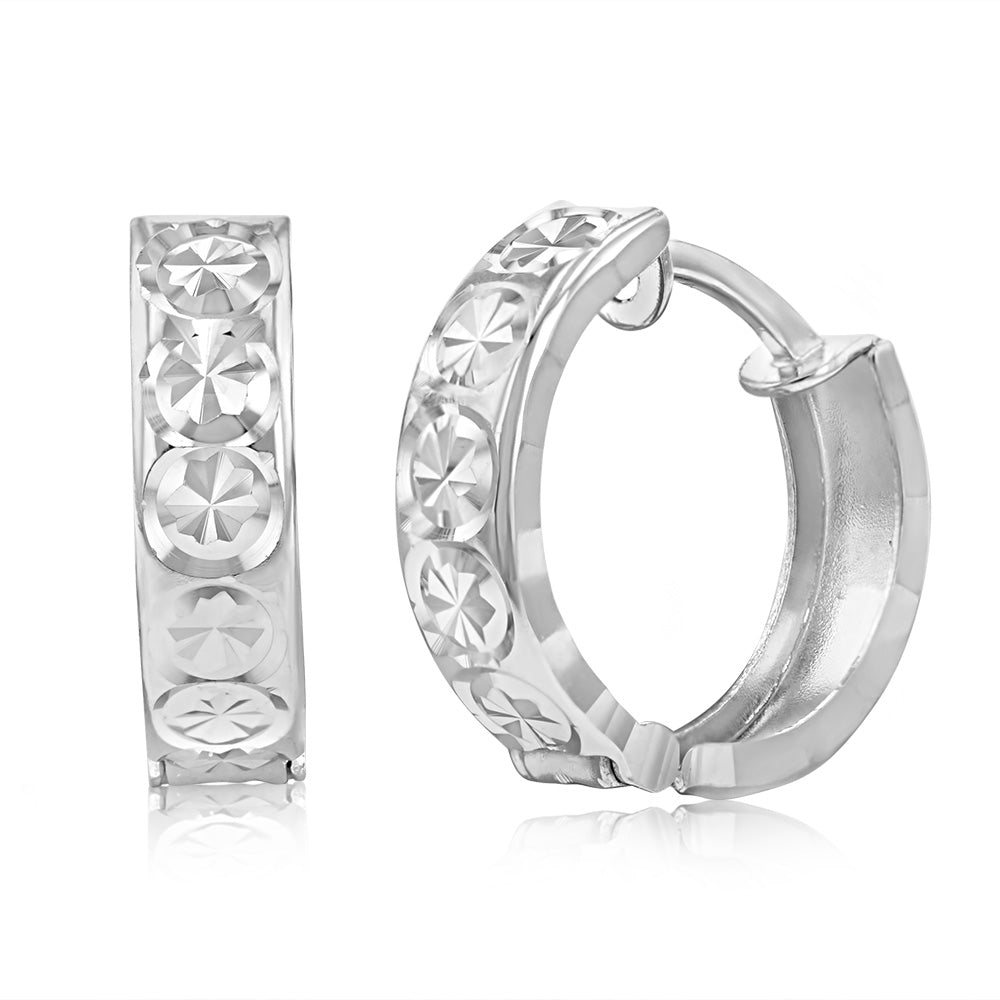 9ct White Gold 10mm Diamond Cut Huggie Hoop Earrings for Women - Perfect for Everyday Wear, Date Nights & Special Occasions