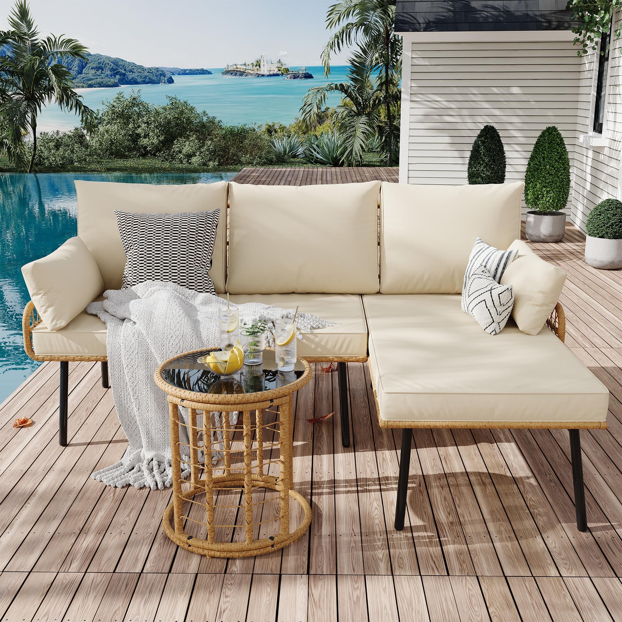 GARVEE 3-Piece All-Weather Wicker Patio Furniture Set - Outdoor L-Shaped Sectional Sofa with Washable Cushions & Tempered Glass Coffee Table - Perfect for Deck, Poolside, Backyard, Garden & Outdoor Lounge Areas