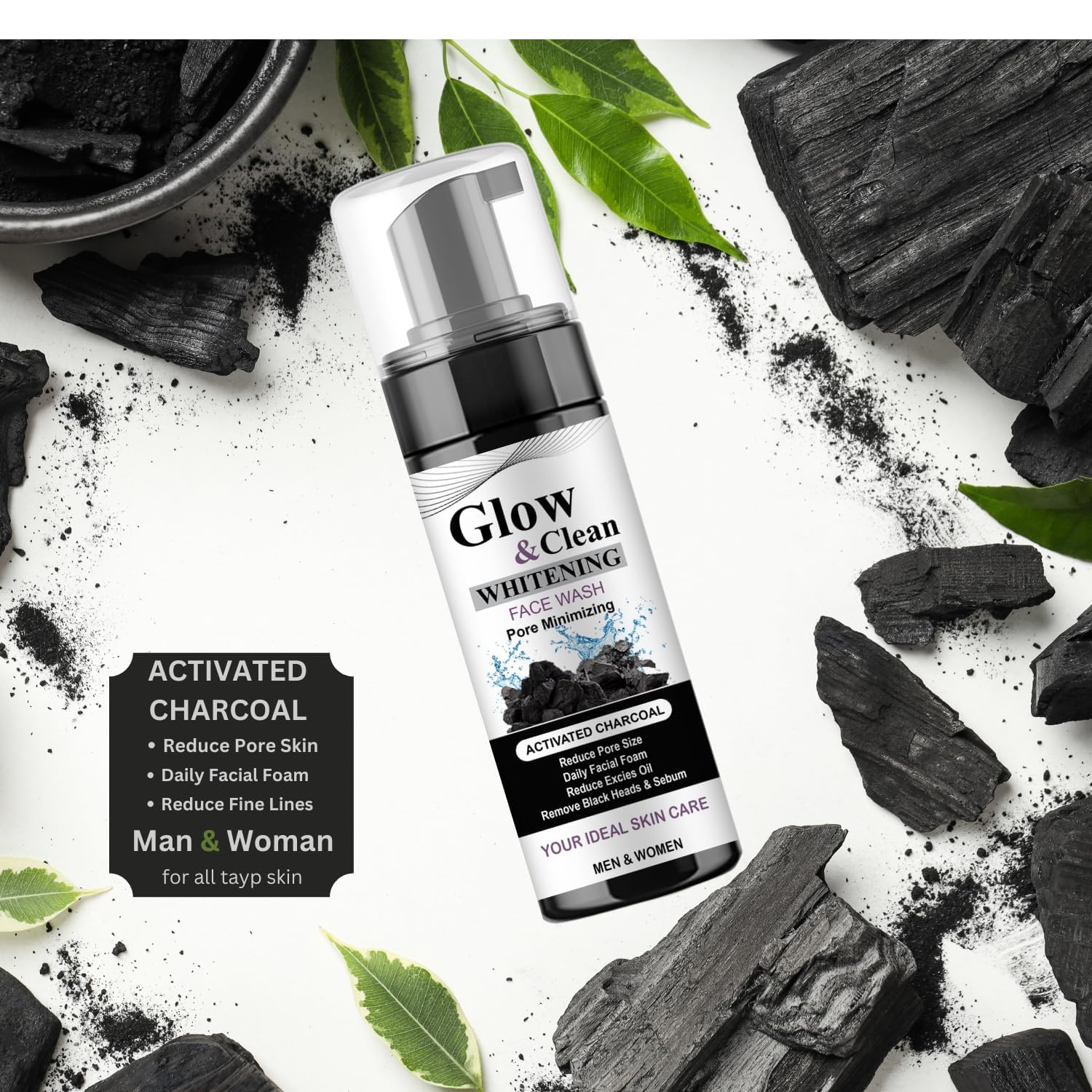Glow & Clean Activated Charcoal Whitening Face Wash - Deep Cleansing, Pore Minimizer, Blackhead & Sebum Remover, 100ml - Perfect for Oily & Acne-Prone Skin, Daily Facial Cleanser for Clearer Complexion