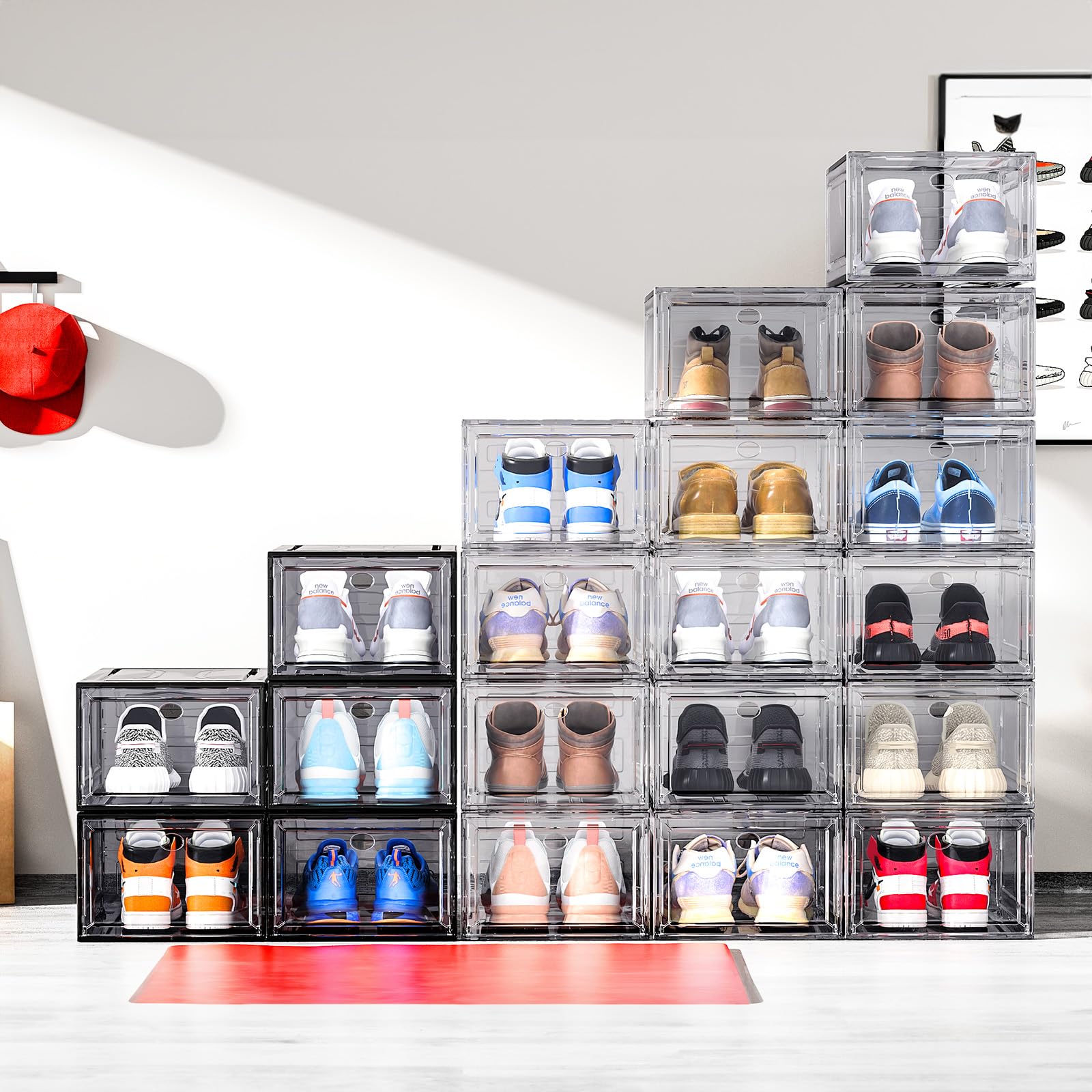 Upgrade Harder Solid Plastic Shoe Organizer with Magnetic Front Door - 6 Pack Clear Shoe Storage Boxes for Sneakers, Closet Organization & Display - Durable White Shoe Rack for Home, Office, or Retail Store Use