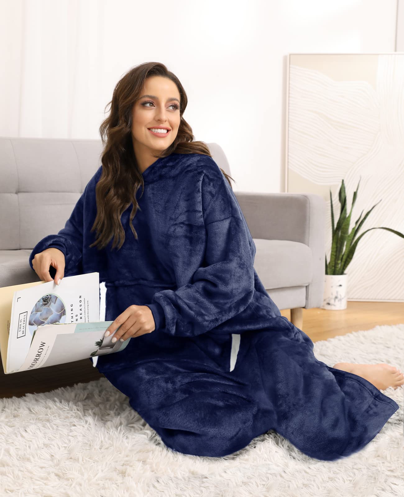 Sendowtek Wearable Blanket Hoodie for Women & Men - Soft Sherpa Fleece Long Hooded Blanket with Giant Pocket, One Size Fits Adults & Teens - Perfect for Lounging, Camping & Cold Weather (Navy Blue)