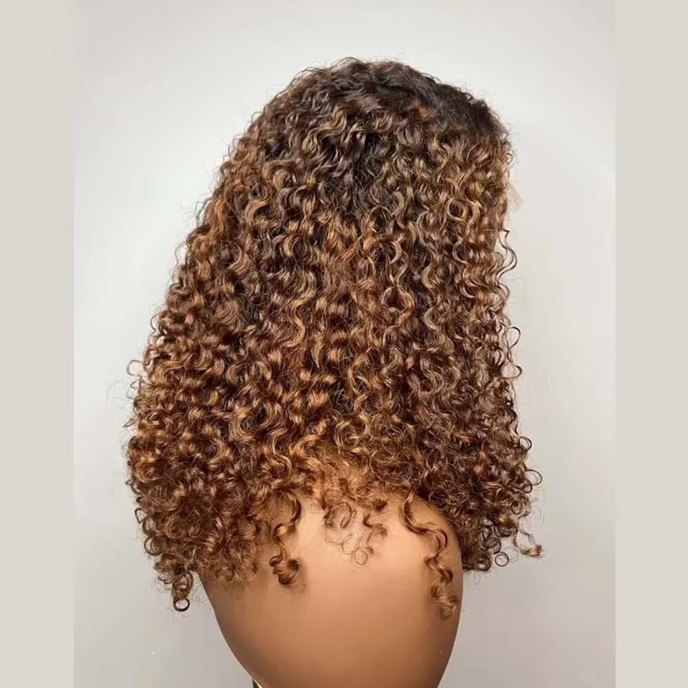13x4 HD Lace Frontal Human Hair Wig - 4C Kinky Curly 180% Density Ombre Honey Blonde 10 Inch Deep Wave Glueless Wig with Pre-Plucked Baby Hair & Bleached Knots | Perfect for Protective Styling, Daily Wear & Special Occasions