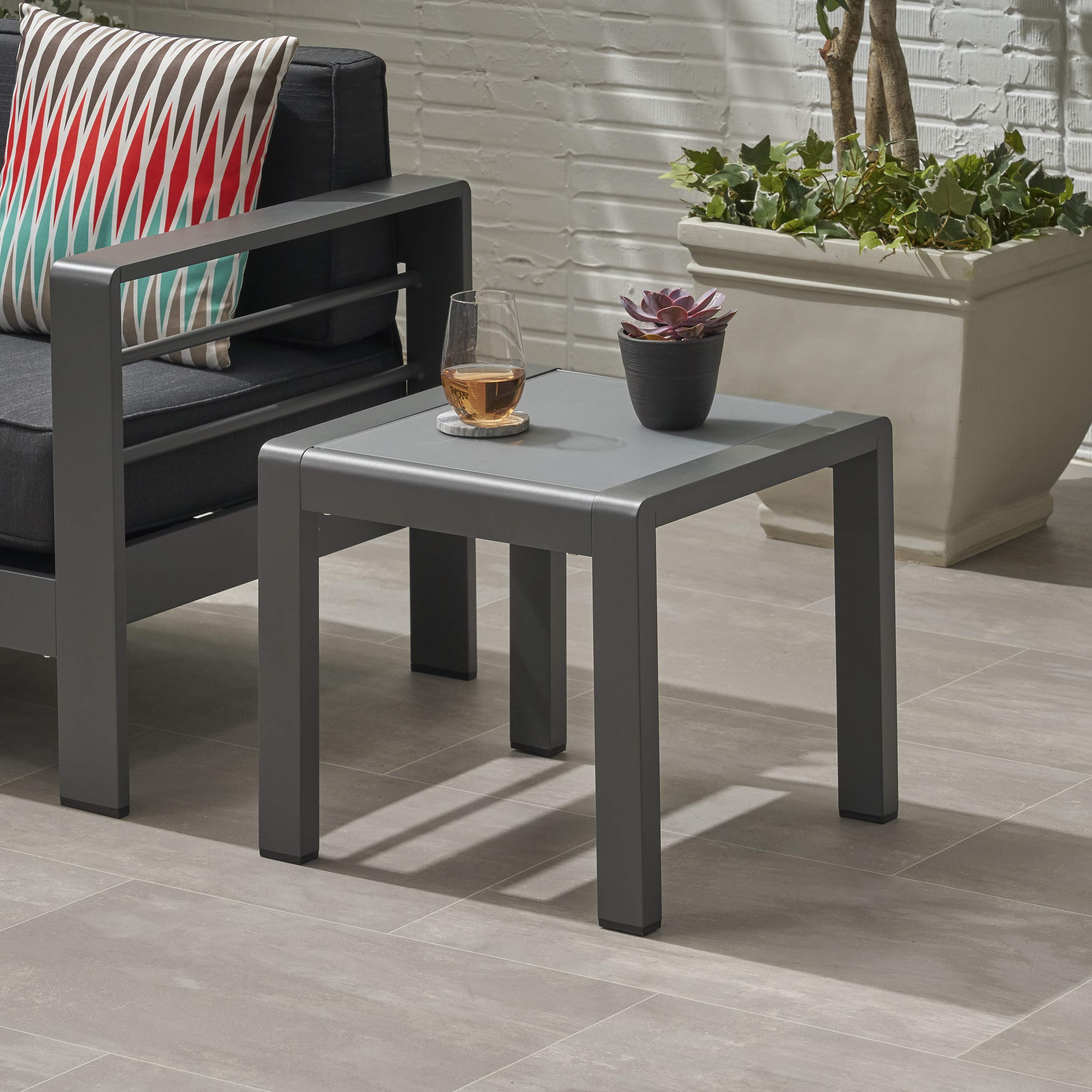 Giovanna Coral Outdoor Aluminum Side Table with Tempered Glass Top - Matte Gray & Gray Finish - Patio, Poolside & Garden Furniture for Outdoor Relaxation