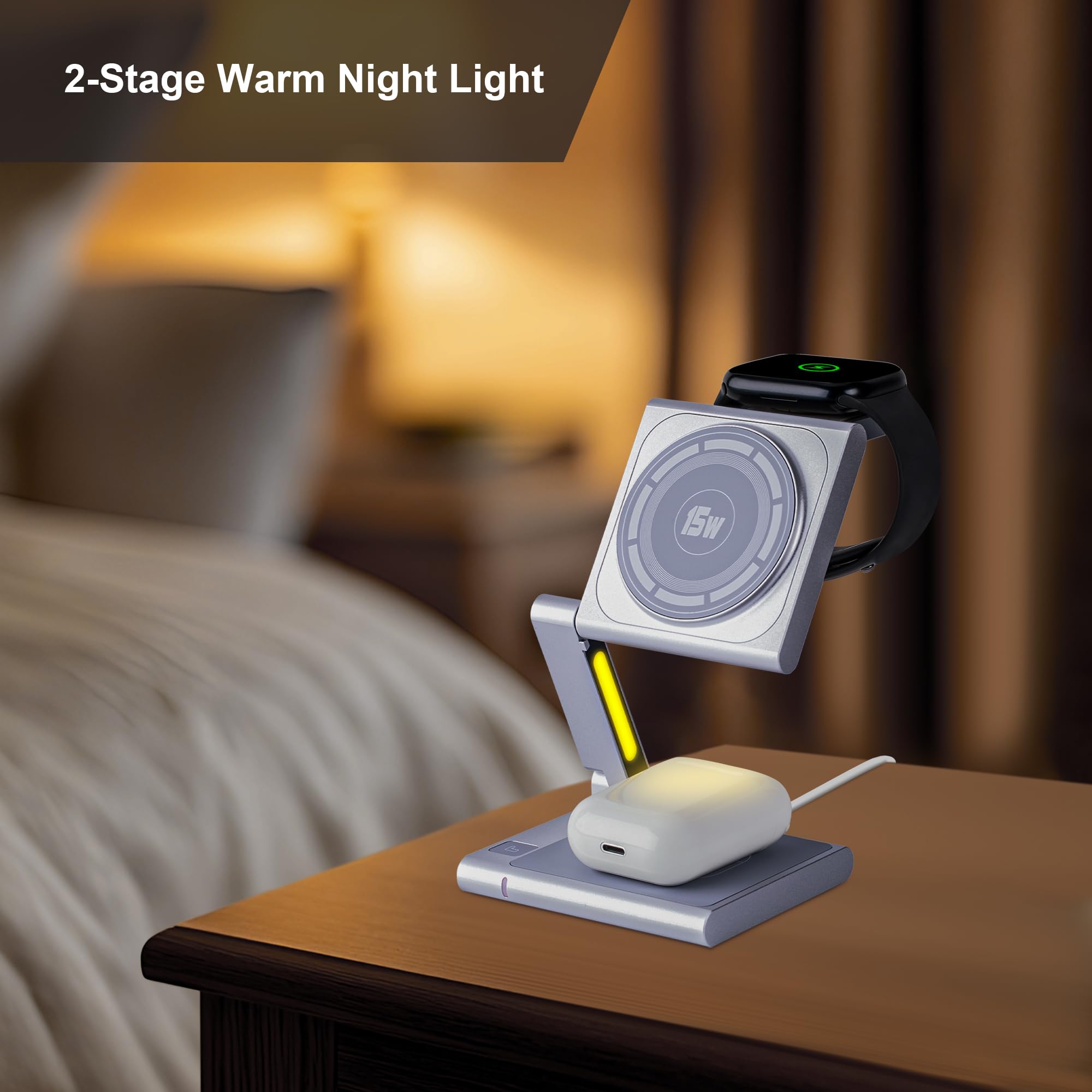 Fast Wireless Charging Station for iPhone 16/15/14/13/12 - Foldable Travel Charger with LED Light | 4-in-1 MagSafe Compatible Charging Pad for Apple Watch & AirPods | Premium Aluminum Alloy Design (Silver) - Perfect for Home, Office & Travel Accessories
