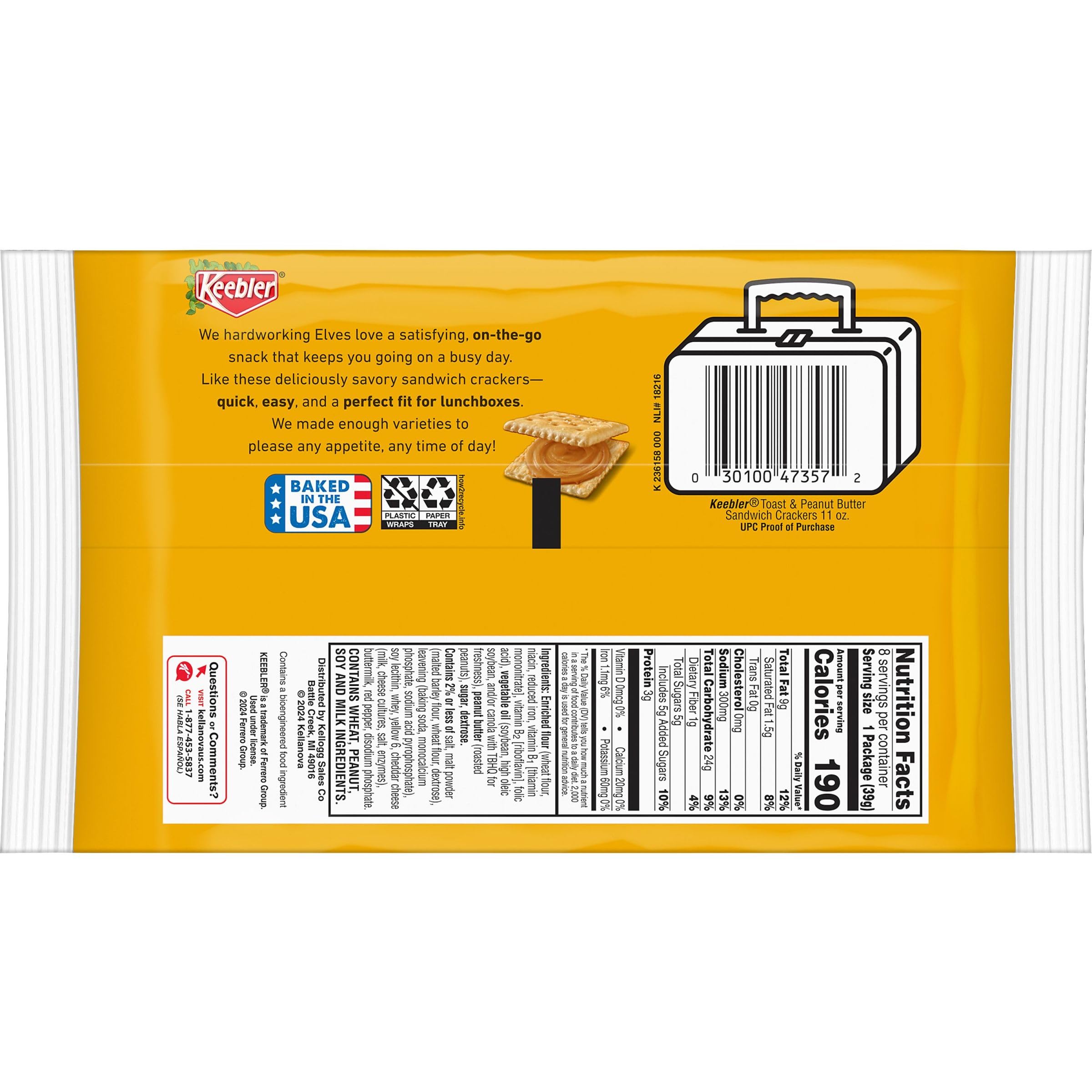 Keebler Sandwich Crackers - Single Serve Snack Crackers with Toast & Peanut Butter - 11oz Tray (8 Packs) - Perfect for School Lunches, Office Snacks & On-the-Go Treats