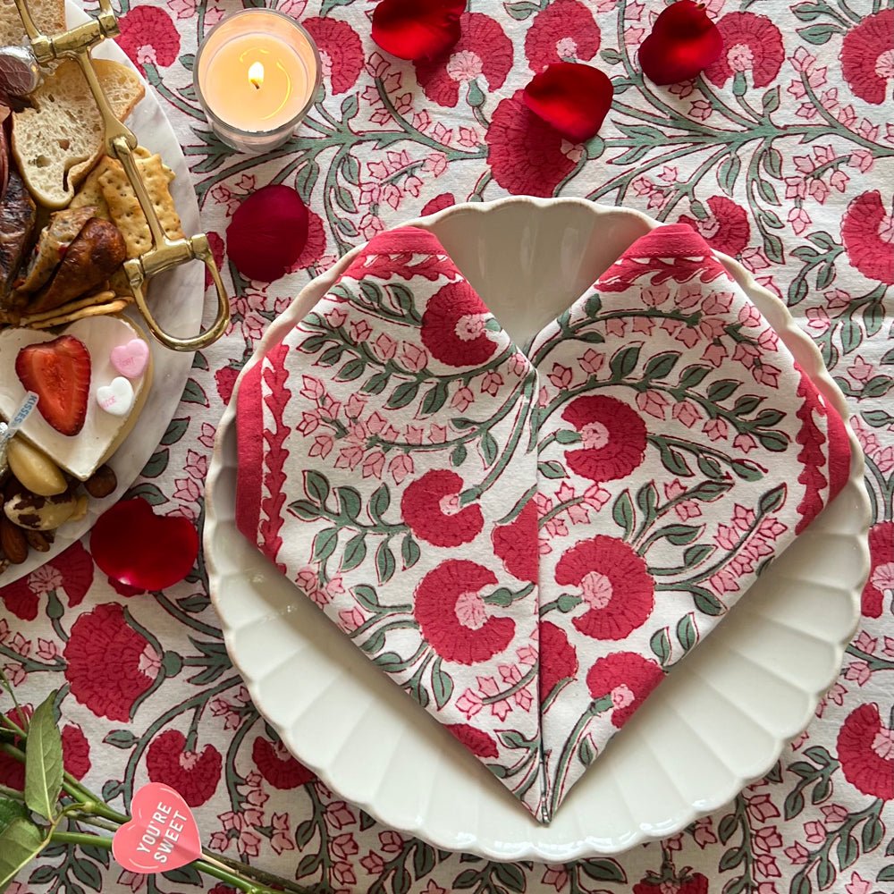 Premium Cactus Flower Scarlet & Rose Napkin Set of 4 - Elegant Floral Printed Cotton Napkins for Dinner Parties, Weddings & Home Decor