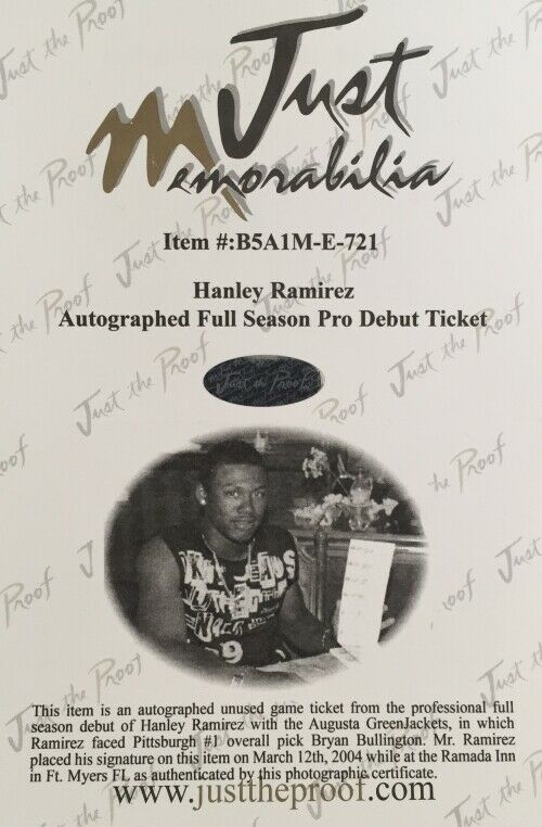 Hanley Ramirez Autographed Augusta GreenJackets Game Ticket - April 3, 2003 - Unused Collectible Sports Memorabilia - Perfect for Baseball Fans, Sports Collectors, and Memorabilia Displays