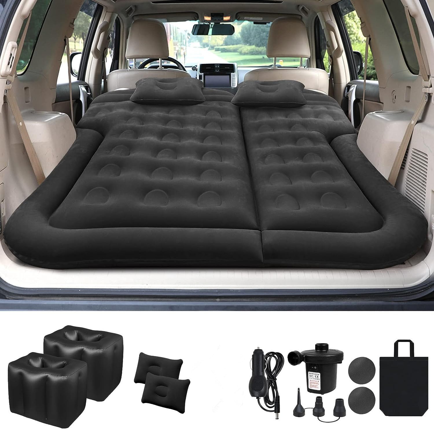 Vikuces® SUV Air Mattress - Full Size Inflatable Car Camping Bed for Back Seat with Built-in Pump & 2 Pillows | Thickened Travel Sleeping Pad for Road Trips, Camping & Outdoor Adventures (Black)