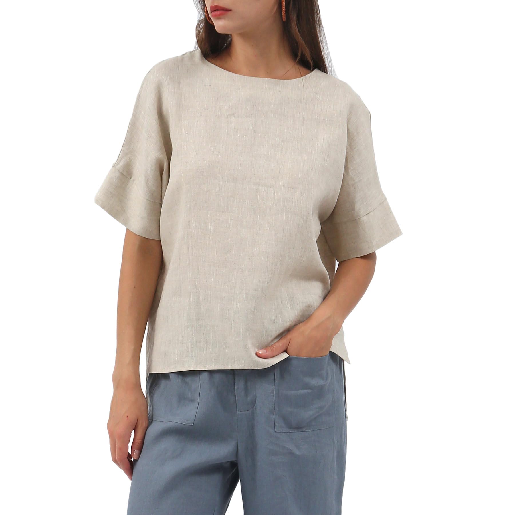 Amazhiyu Women's 100% Linen Short Sleeve Crewneck Blouse - Breathable Summer Top for Casual Outings, Beach Wear & Vacation Outfits