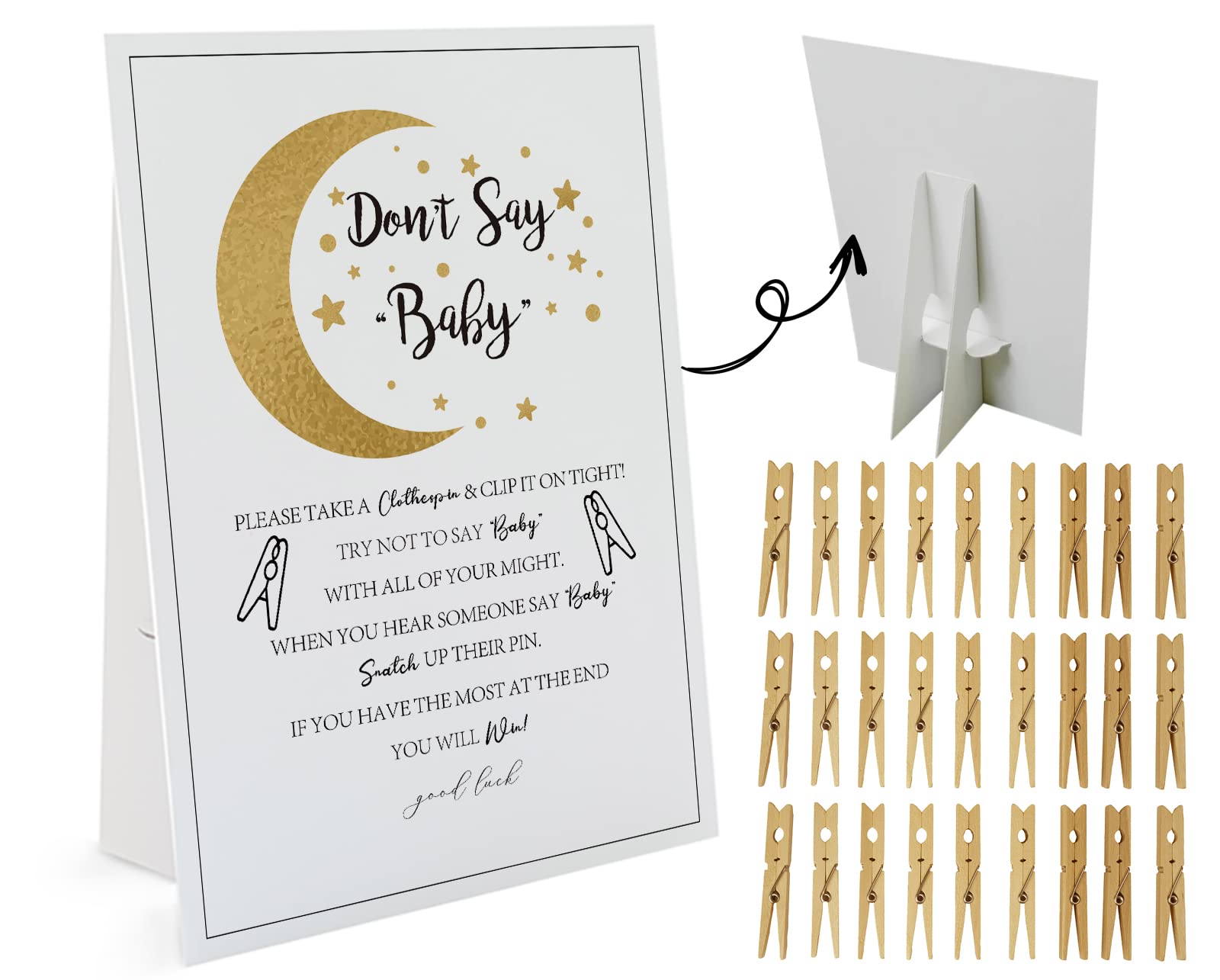 Twinkle Little Star Don't Say Baby Game Set - 1 Sign & 50 Natural Wooden Clothespins - Fun Gender Neutral Baby Shower Game & Decoration for Parties, Celebrations & Family Gatherings