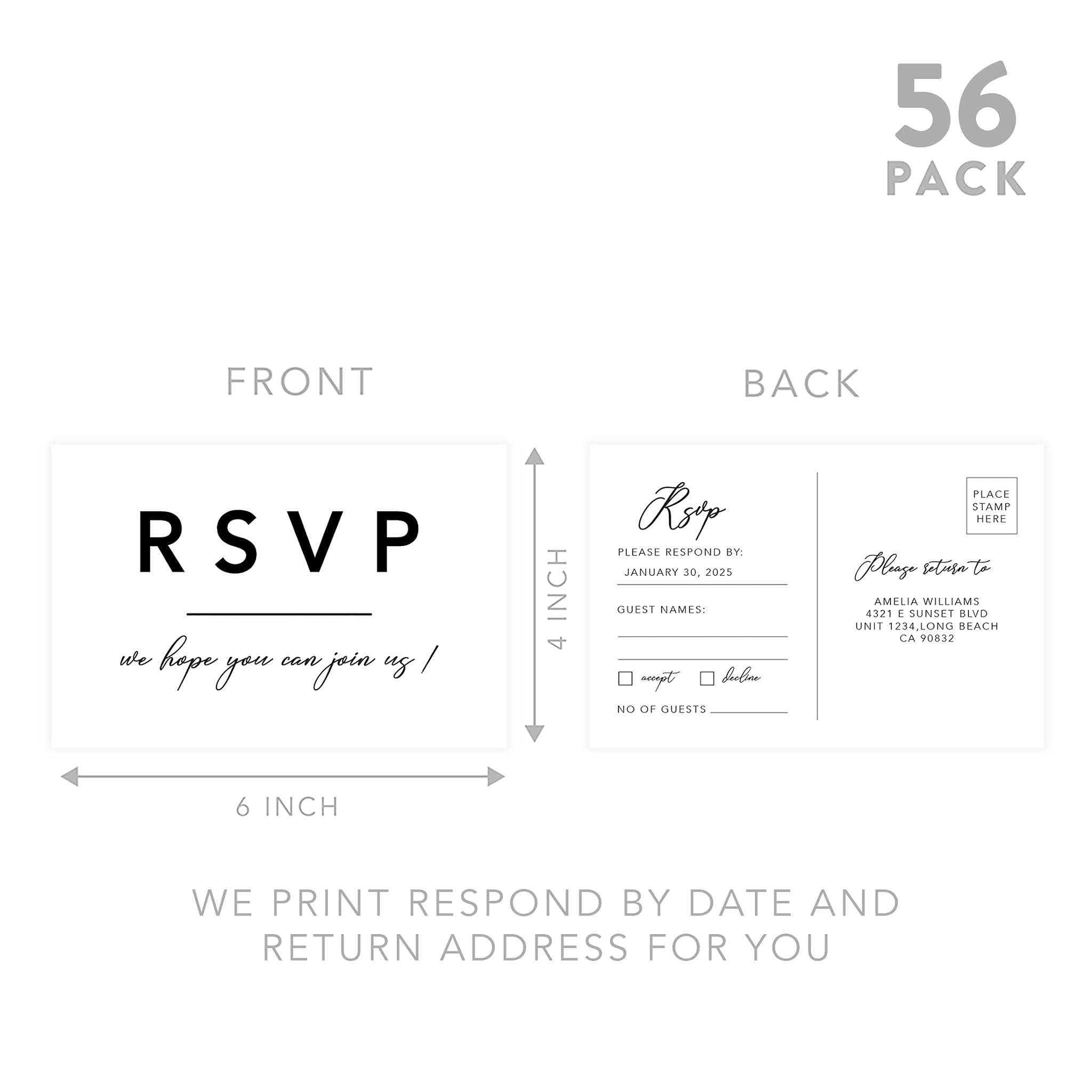 Personalized RSVP Postcards 56-Pack - Custom Wedding Invitation Reply Cards with Date & Return Address - 4x6 Inch Premium Cardstock - Perfect for Bridal Showers, Baby Showers & Birthday Events - Elegant Modern Design for Special Occasions