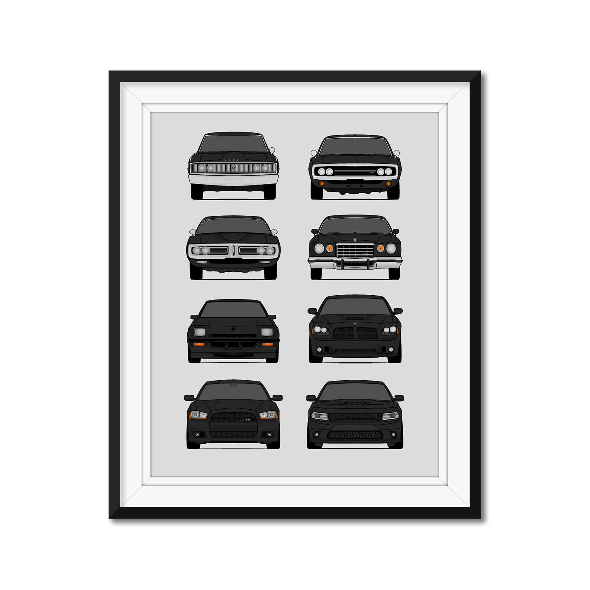 Evolution of Dodge Charger Generations - Vintage Car Wall Art Print | Unframed Poster for Man Cave, Garage & Automotive Enthusiast Decor