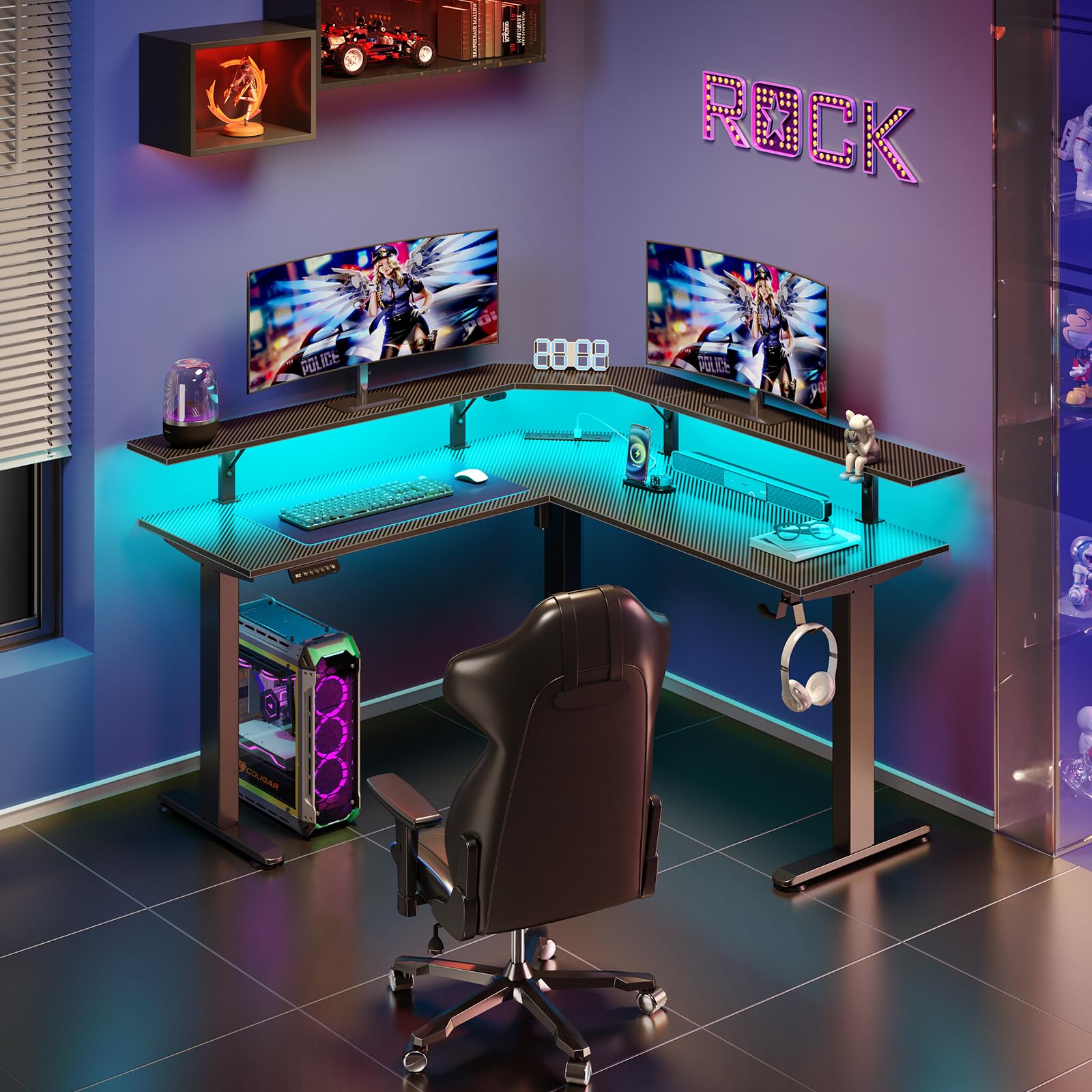 Rolanstar L-Shaped Electric Standing Desk with LED Light & Power Outlet, Height Adjustable Carbon Fiber Workstation with Monitor Stand - Perfect for Home Office, Gaming Setup & Workspace Ergonomics