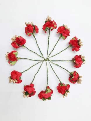 Elegant Red & Gold Rose Paper Flower Hair Bun Pins for Women & Girls - Pack of 12 | Perfect for Weddings, Parties & Special Occasions