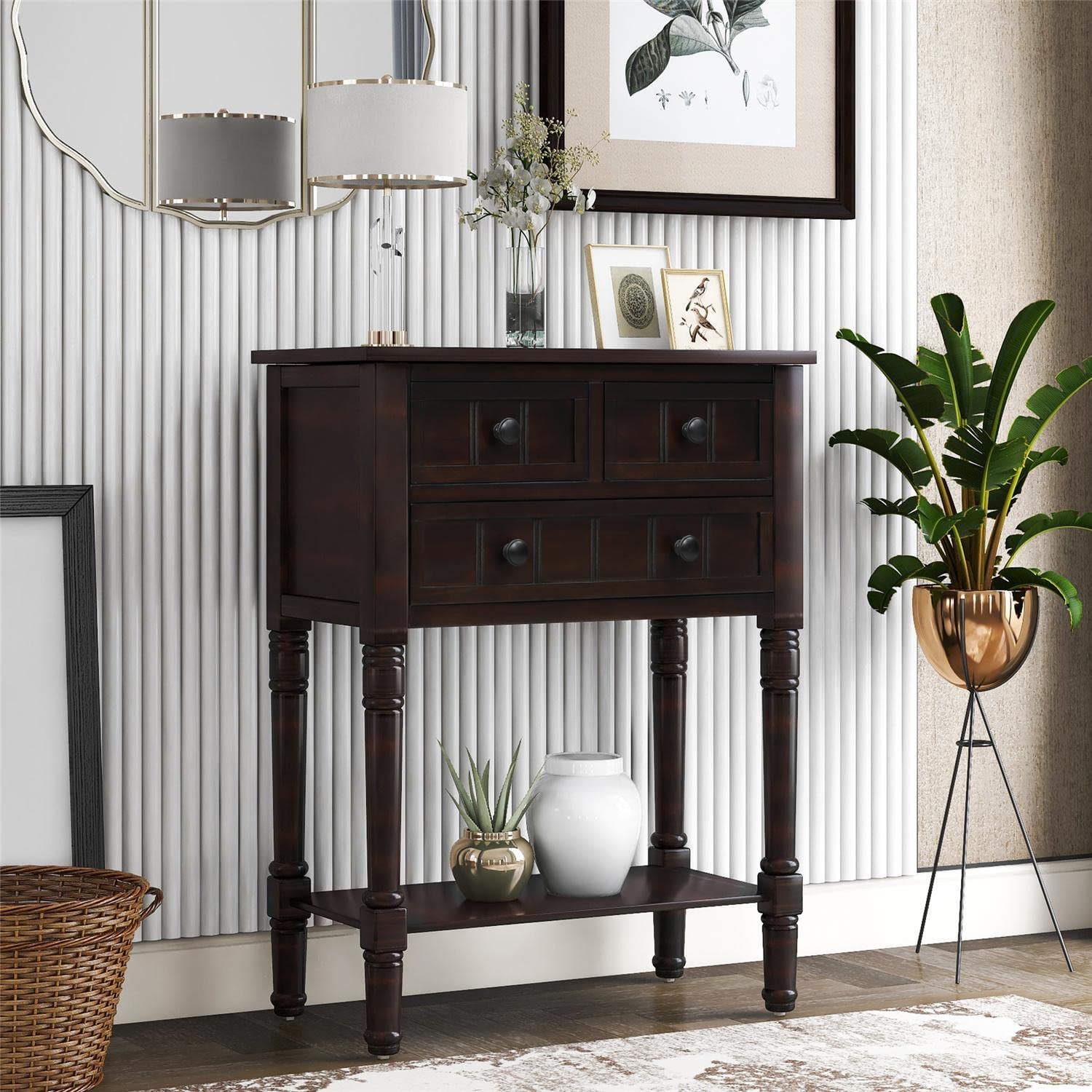 JINS&VICO 3-Drawer Console Table with Bottom Shelf - Espresso Entryway Sofa Table for Living Room, Dining Room & Hallway - Perfect for Home Decor, Storage & Display