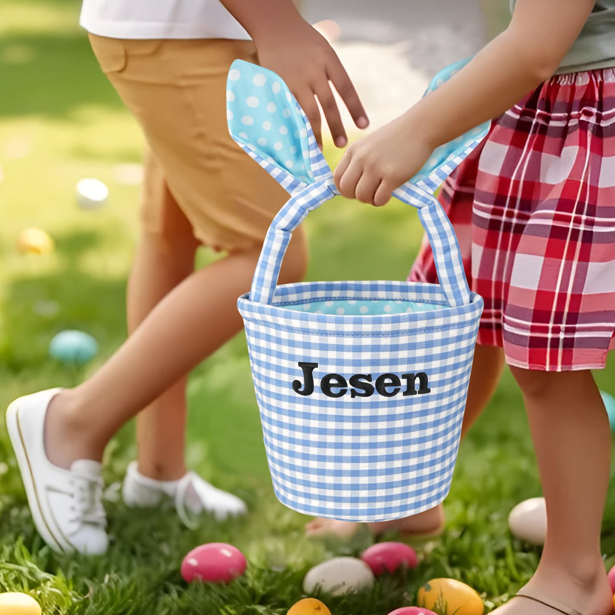 Personalized Easter Basket for Kids - Bunny Blue Grid Easter Egg Hunt Basket - Easter Bunny Gift Basket for Boys & Girls - Perfect for Easter Egg Hunts, Easter Party Favors & Spring Celebrations