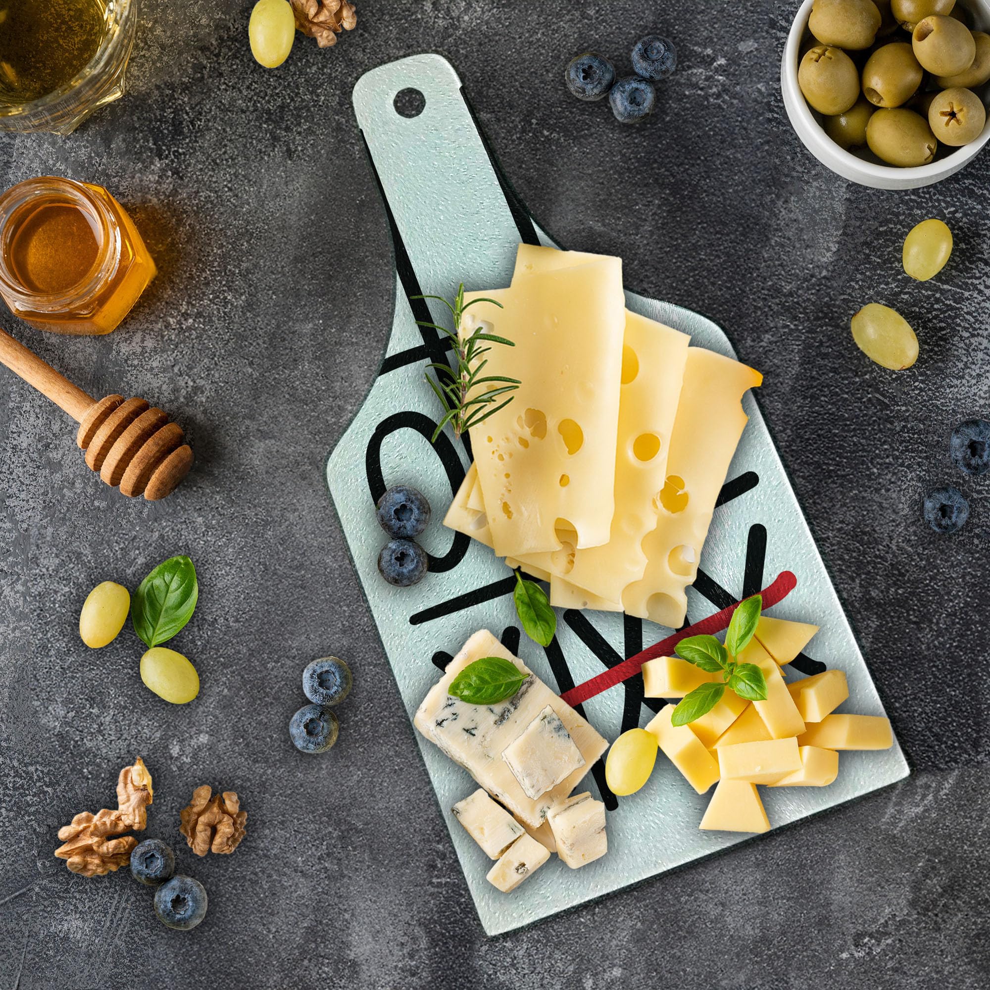 Ambesonne Xo Cutting Board - Hand Drawn Game Pattern Design, Tempered Glass Serving Board for Kitchen & Entertaining, Wine Bottle Shape in Vermilion Black White - Perfect for Charcuterie, Cheese Platters & Party Appetizers