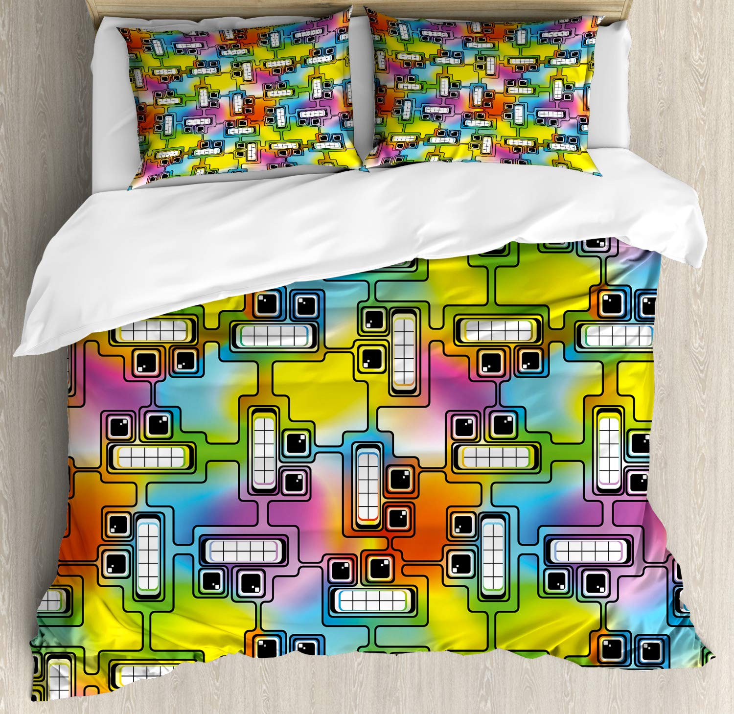 Ambesonne Hippie Video Game Duvet Cover Set - California King 3-Piece Bedding with Fun Digital Character Design in Yellow & Lilac | Perfect for Gamers' Bedrooms & Bohemian Decor