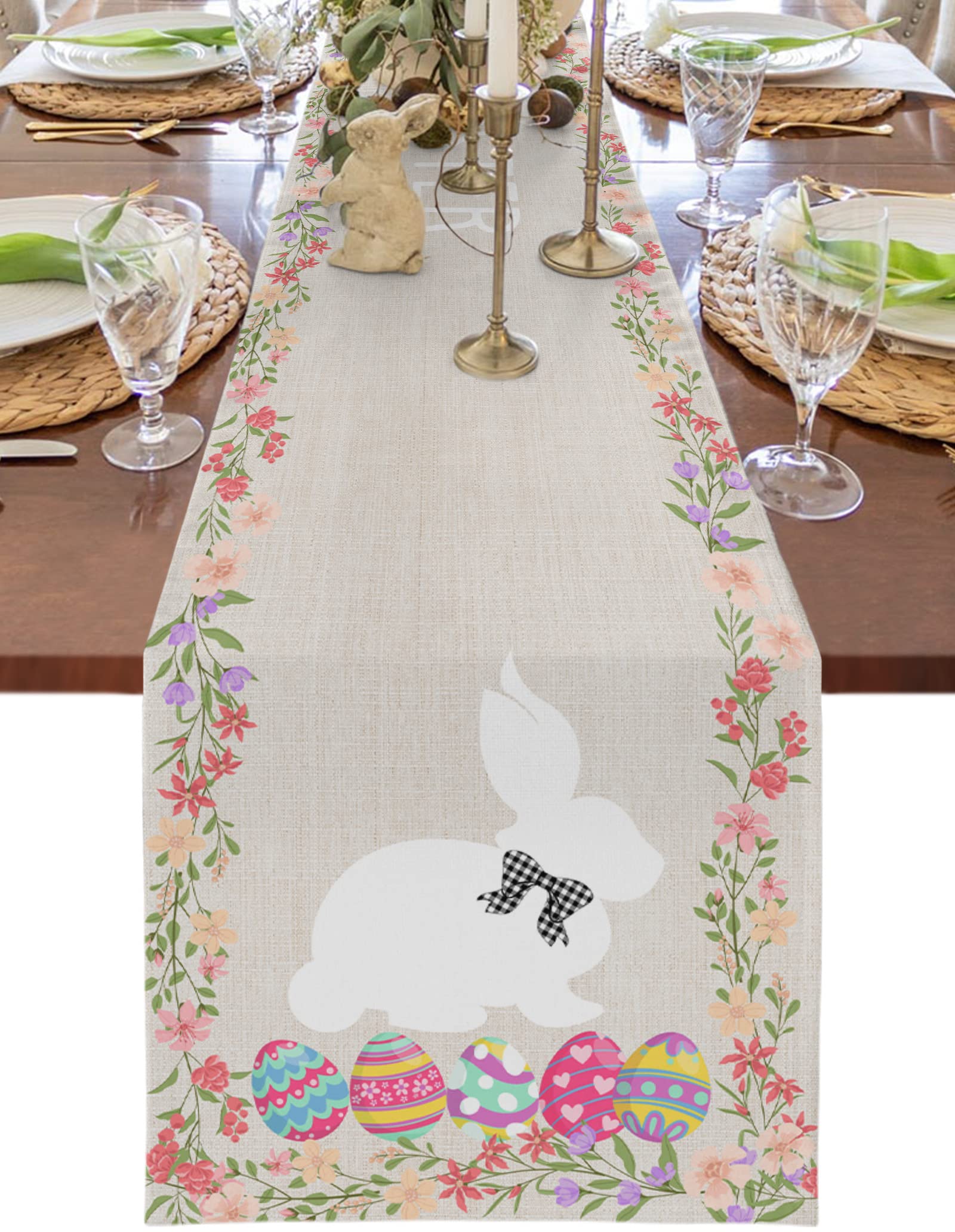 Easter Bunny Table Runner - 16x72 Inch Floral Spring Tablecloth Decor for Easter Party, Kitchen & Dining Room - Blue Pink Rustic Design with Easter Eggs - Perfect for Holiday Dinner & Spring Home Decorations